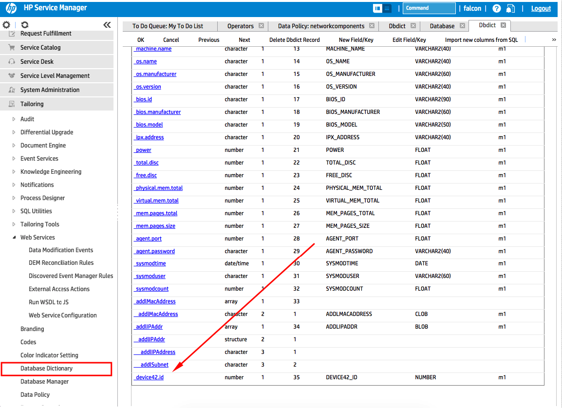 Configure HPSM Database Dictionary