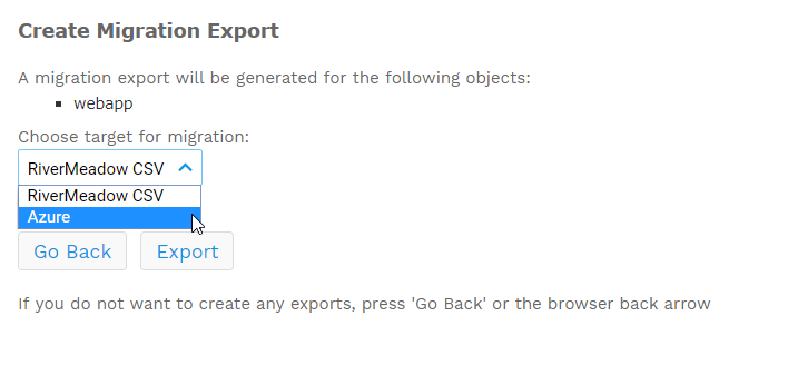 Export to Azure selection