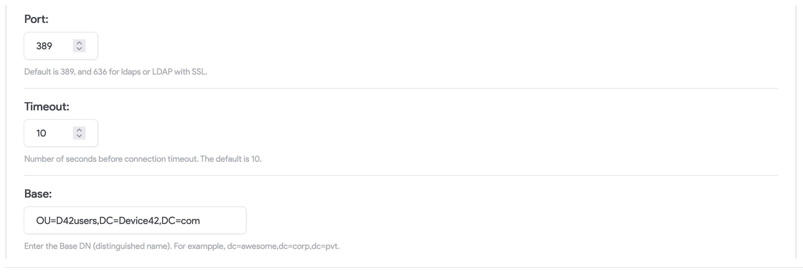 Active Directory Settings example values