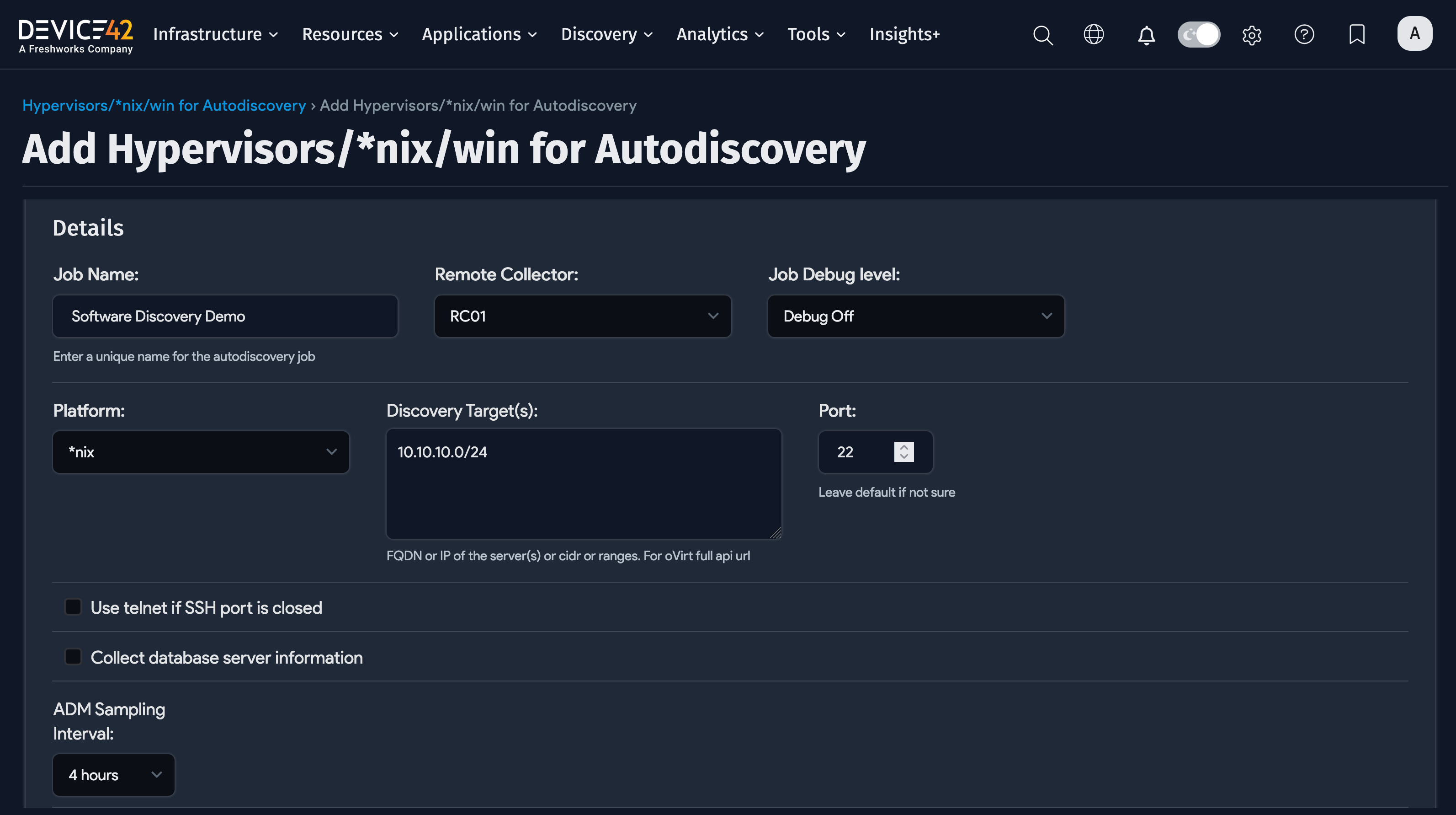 Discovery job platform and network settings