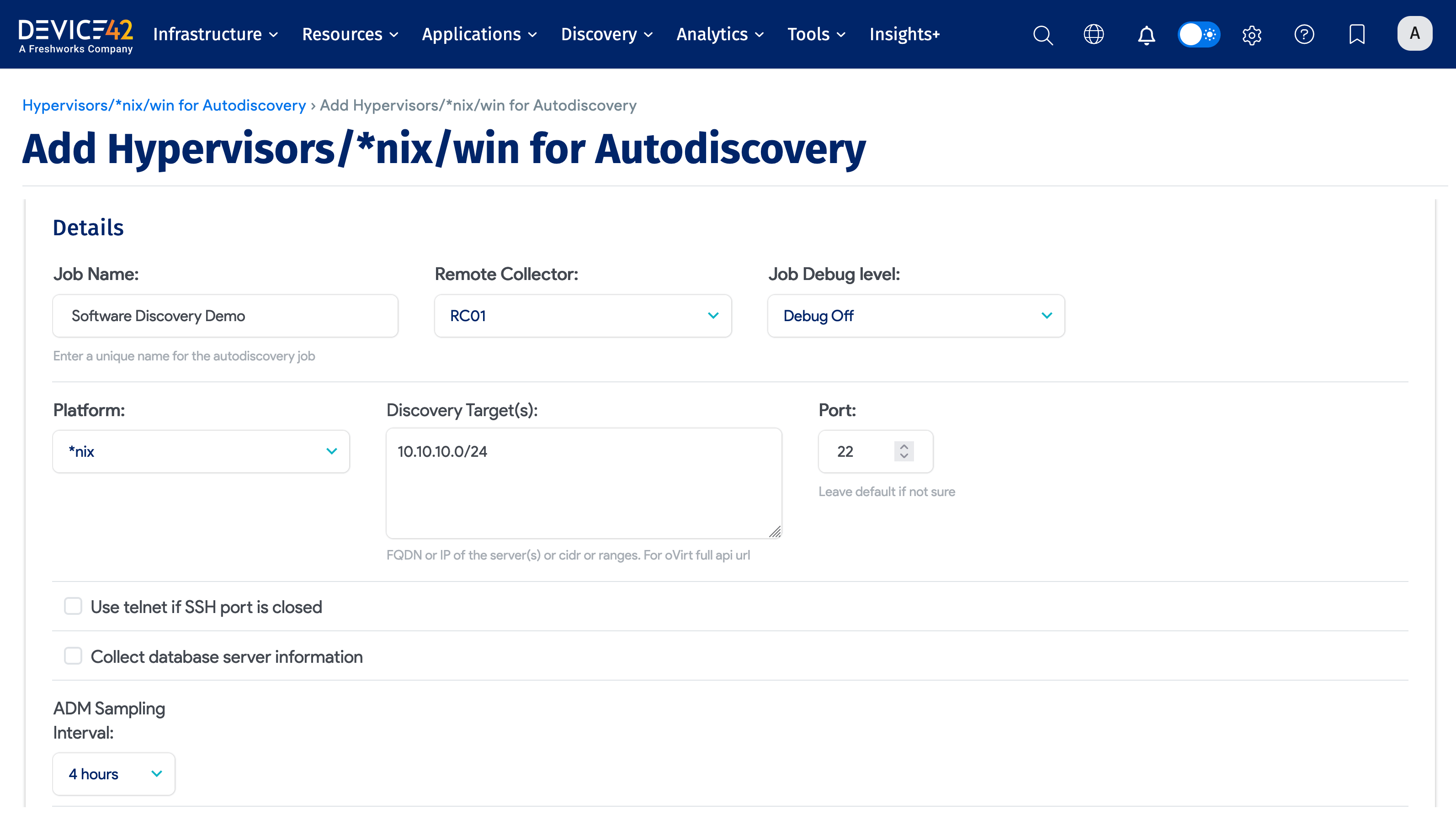 Discovery job platform and network settings