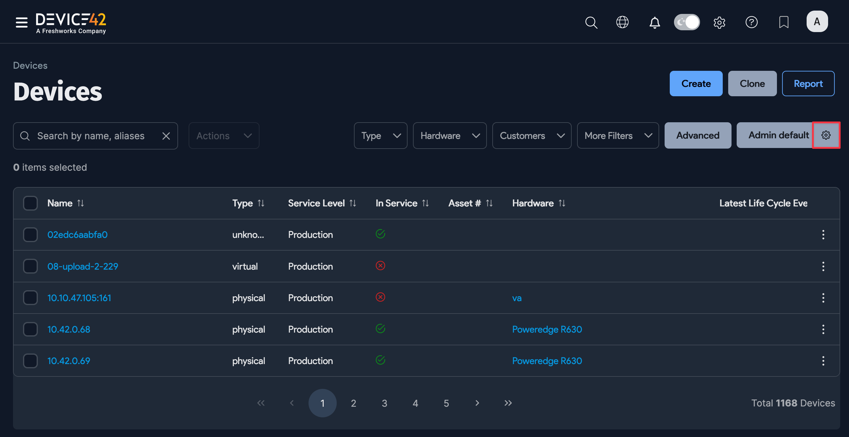 Gear icon on Devices list page