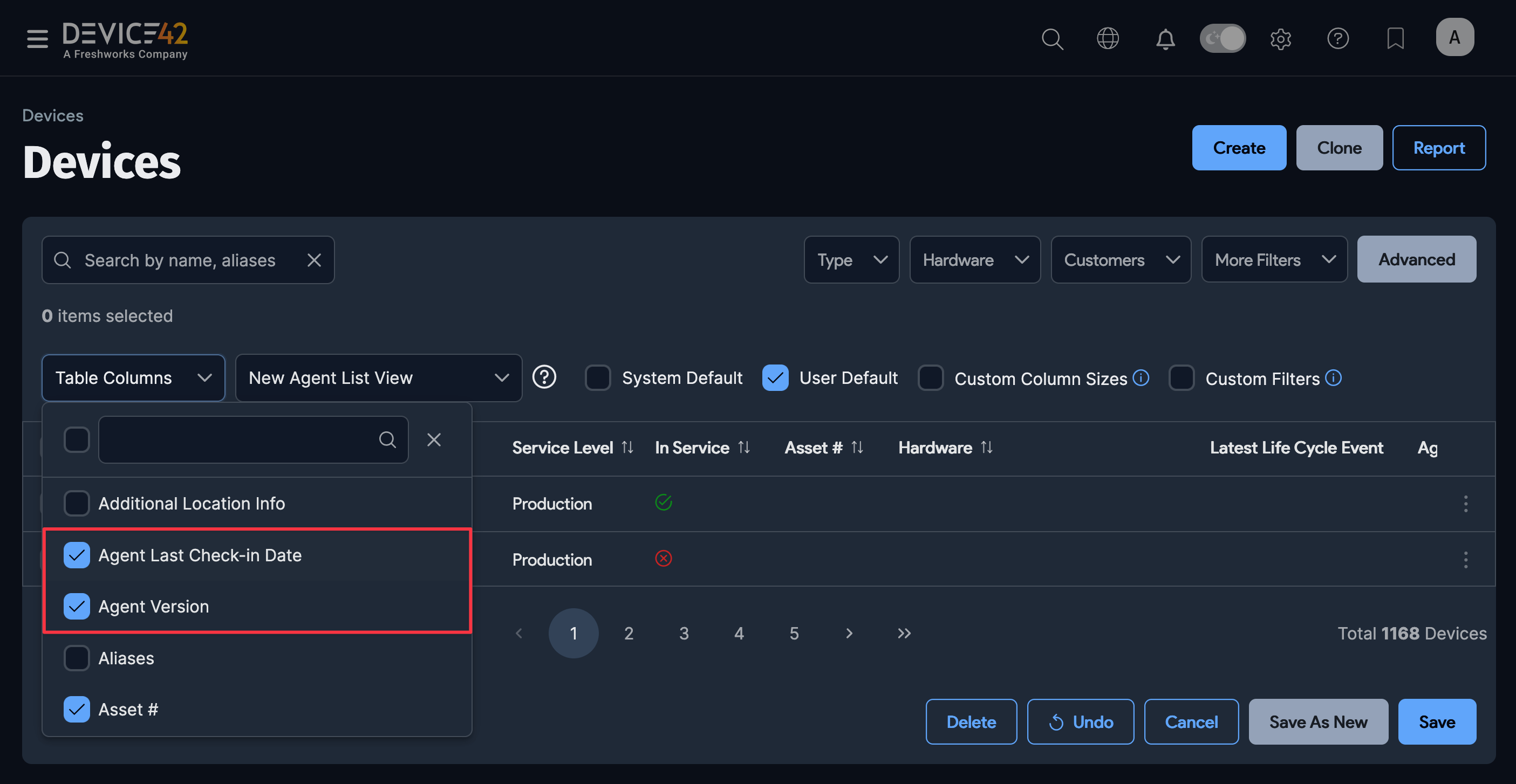 Table column selection