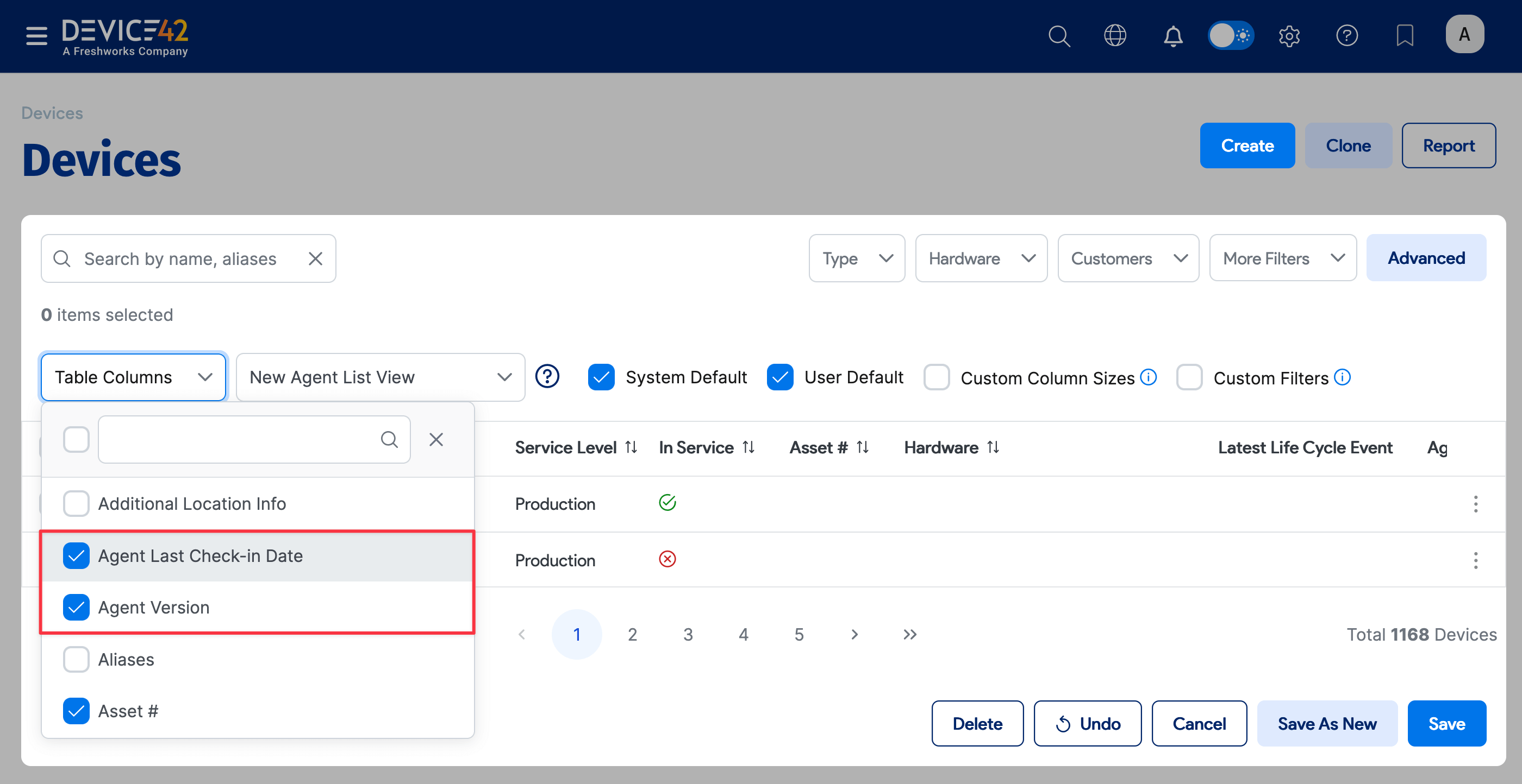 Table column selection