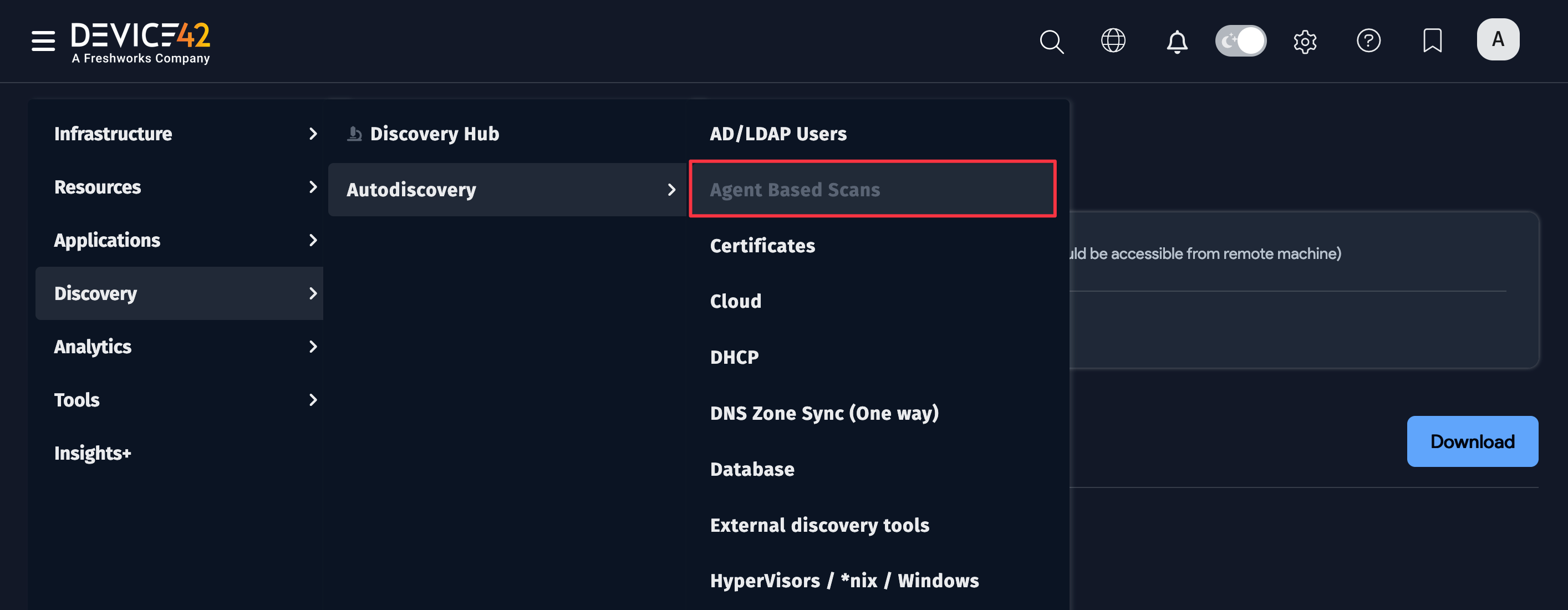 Agent-Based Scans in menu
