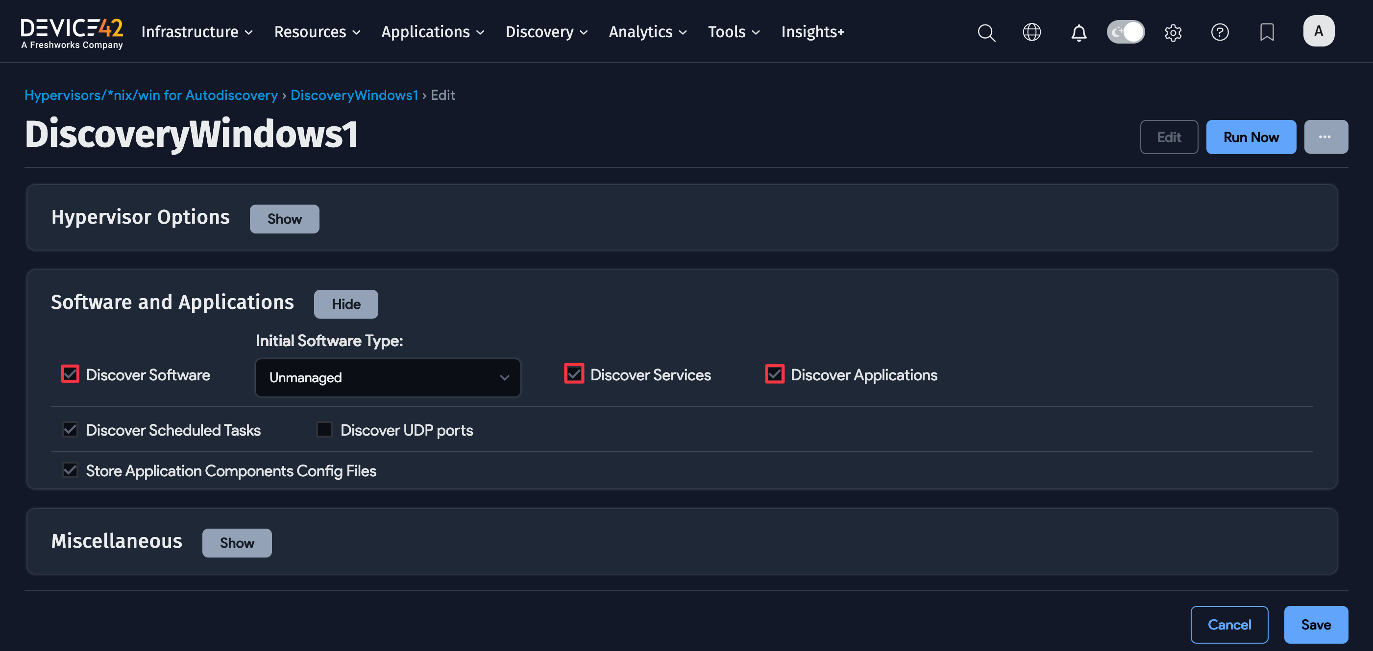 Autodiscovery Software and Applications options