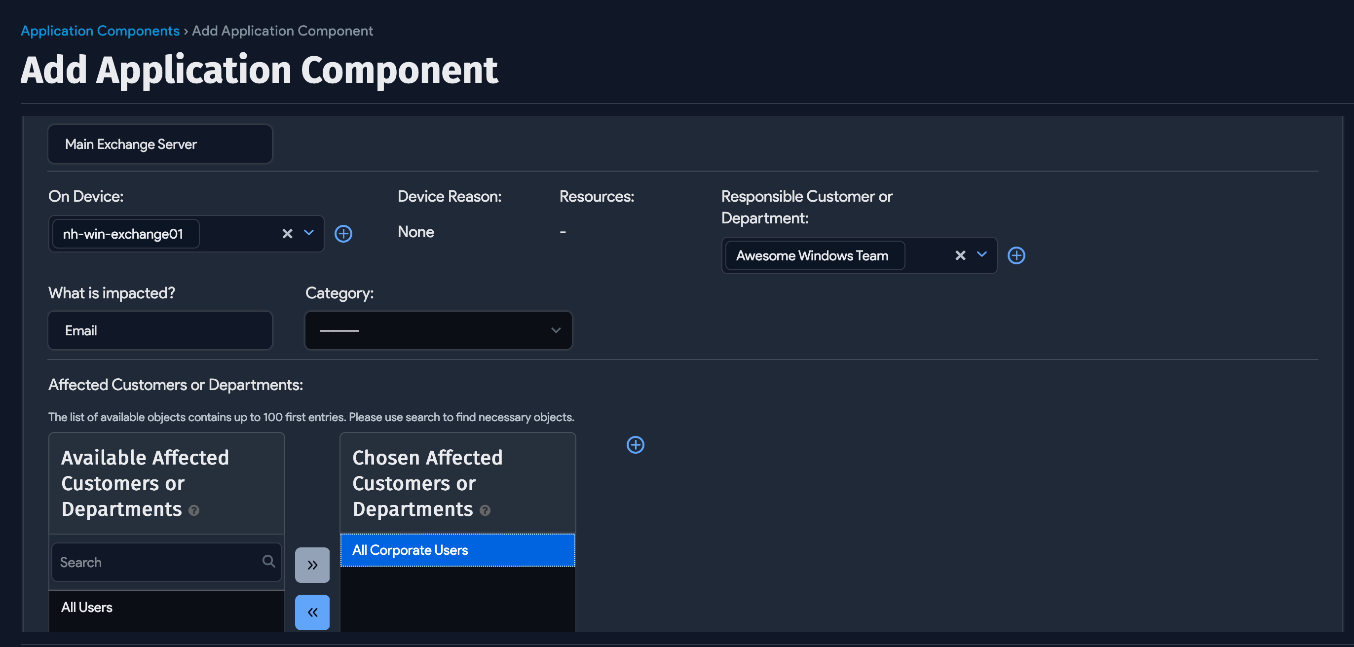 Defining an Exchange Server component top screen