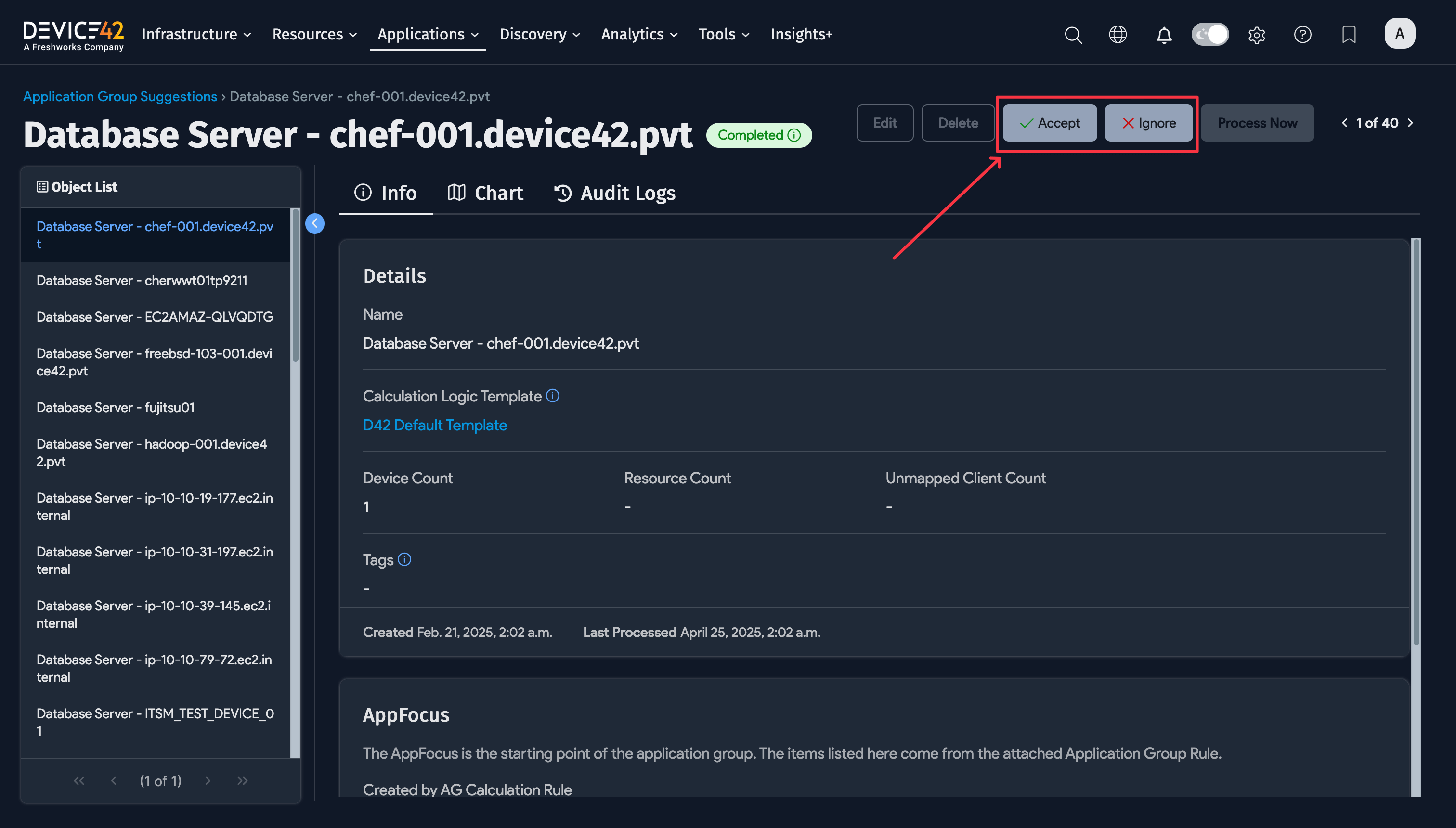 Accept, Ignore, and Undo buttons on the Application Group view page