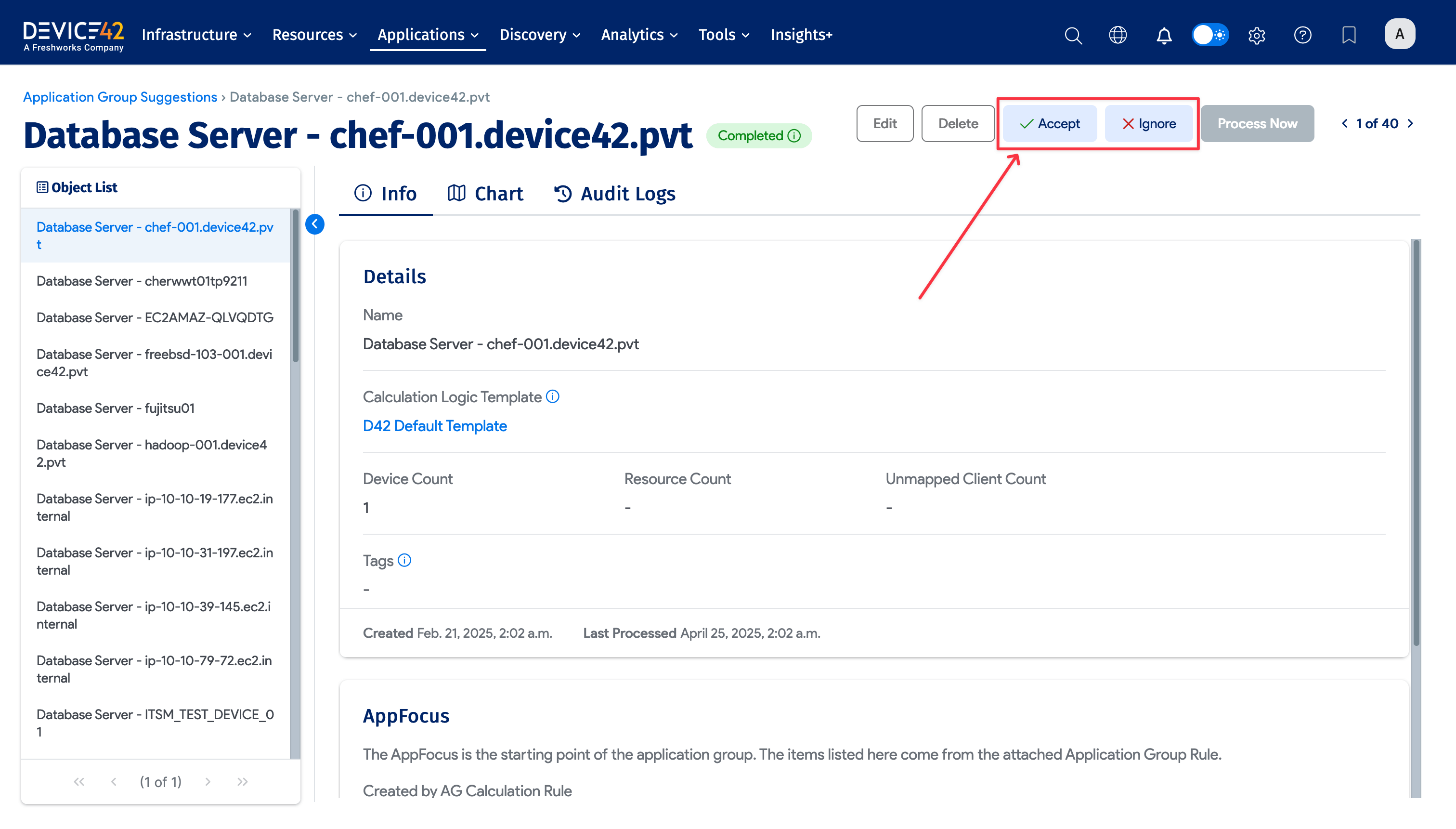 Accept, Ignore, and Undo buttons on the Application Group view page