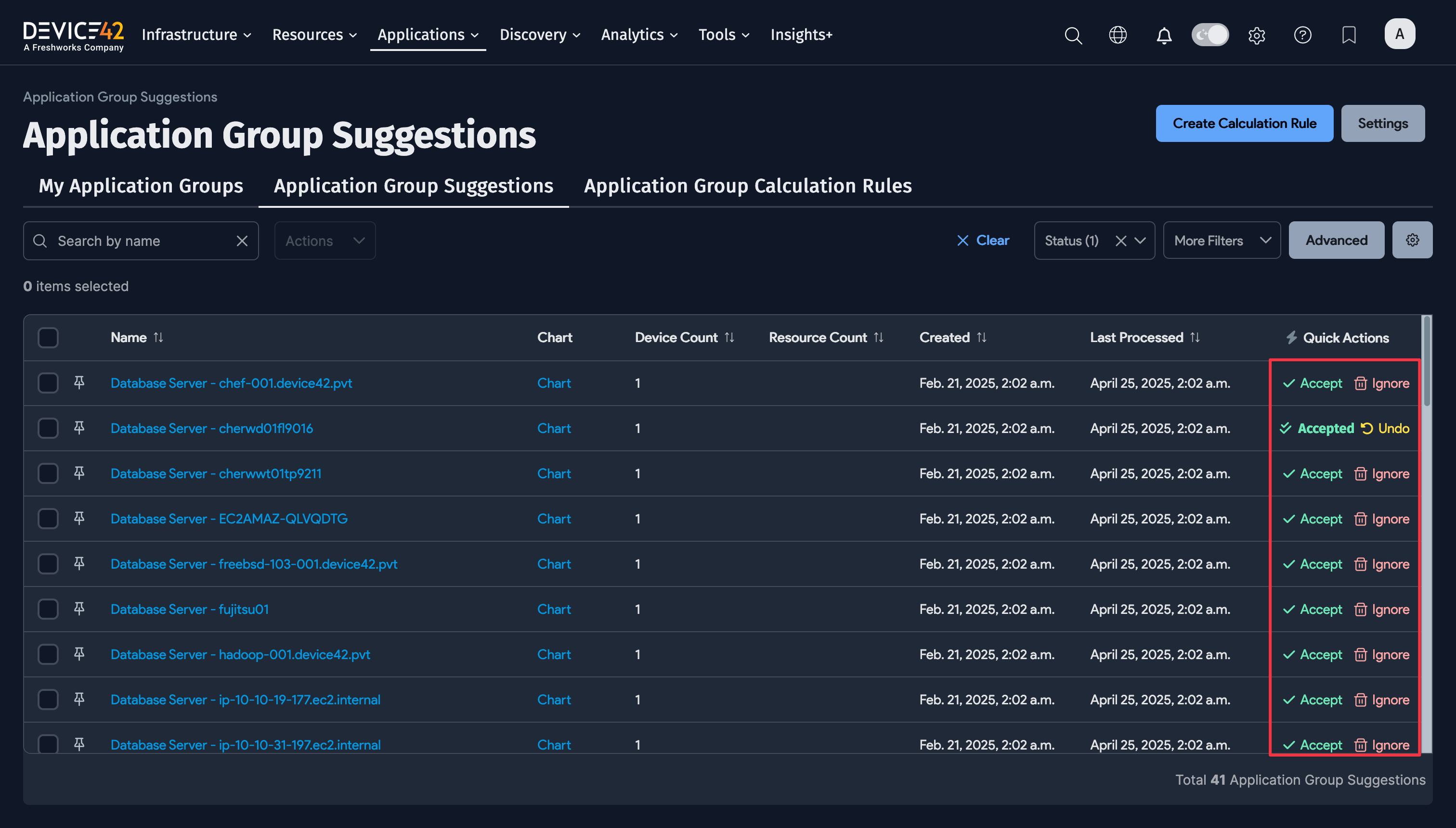 Accept, Ignore, and Undo buttons on the Application Group view page