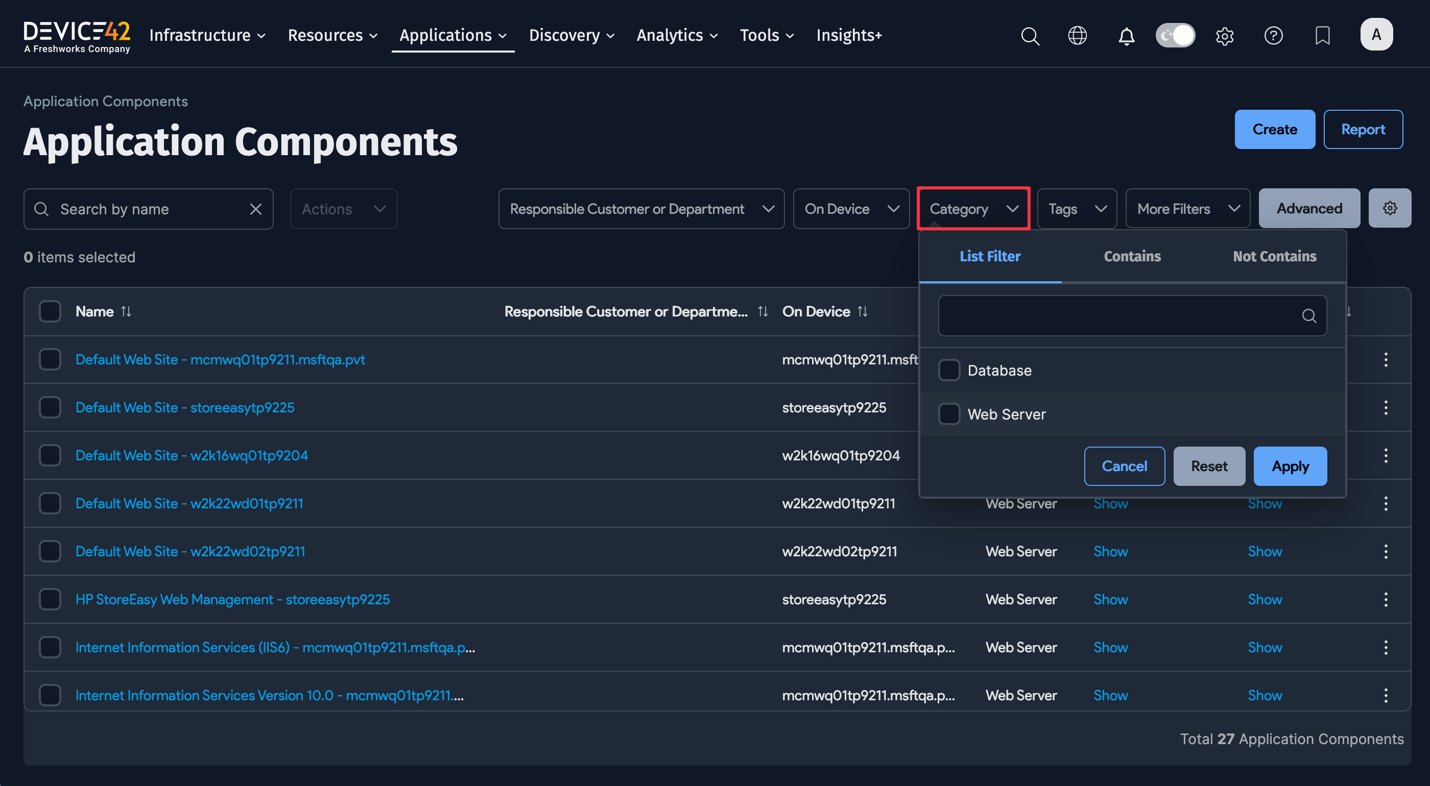 Application Components categories filter