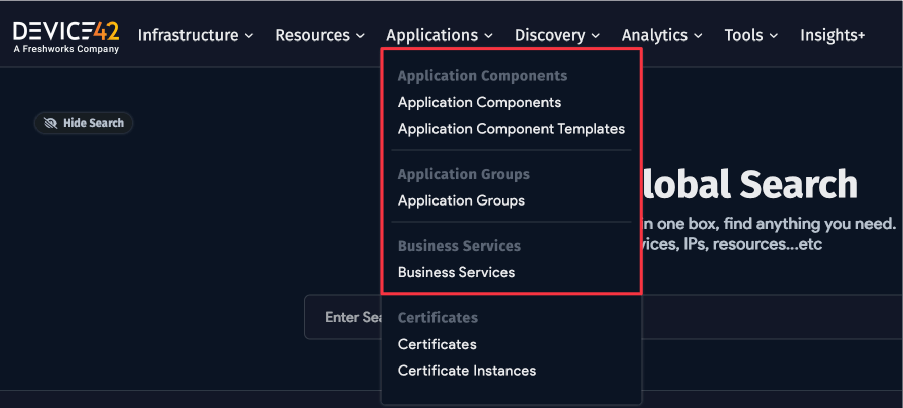 Applications menu of the Main Appliance