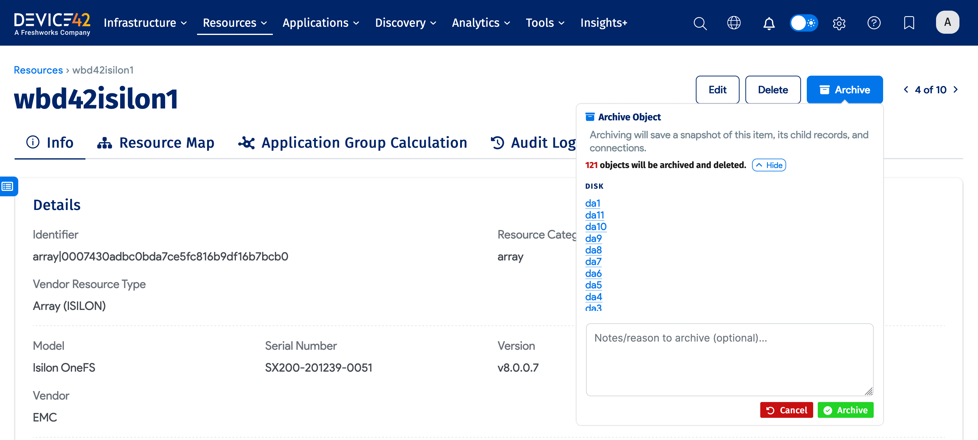 Archive resource popup