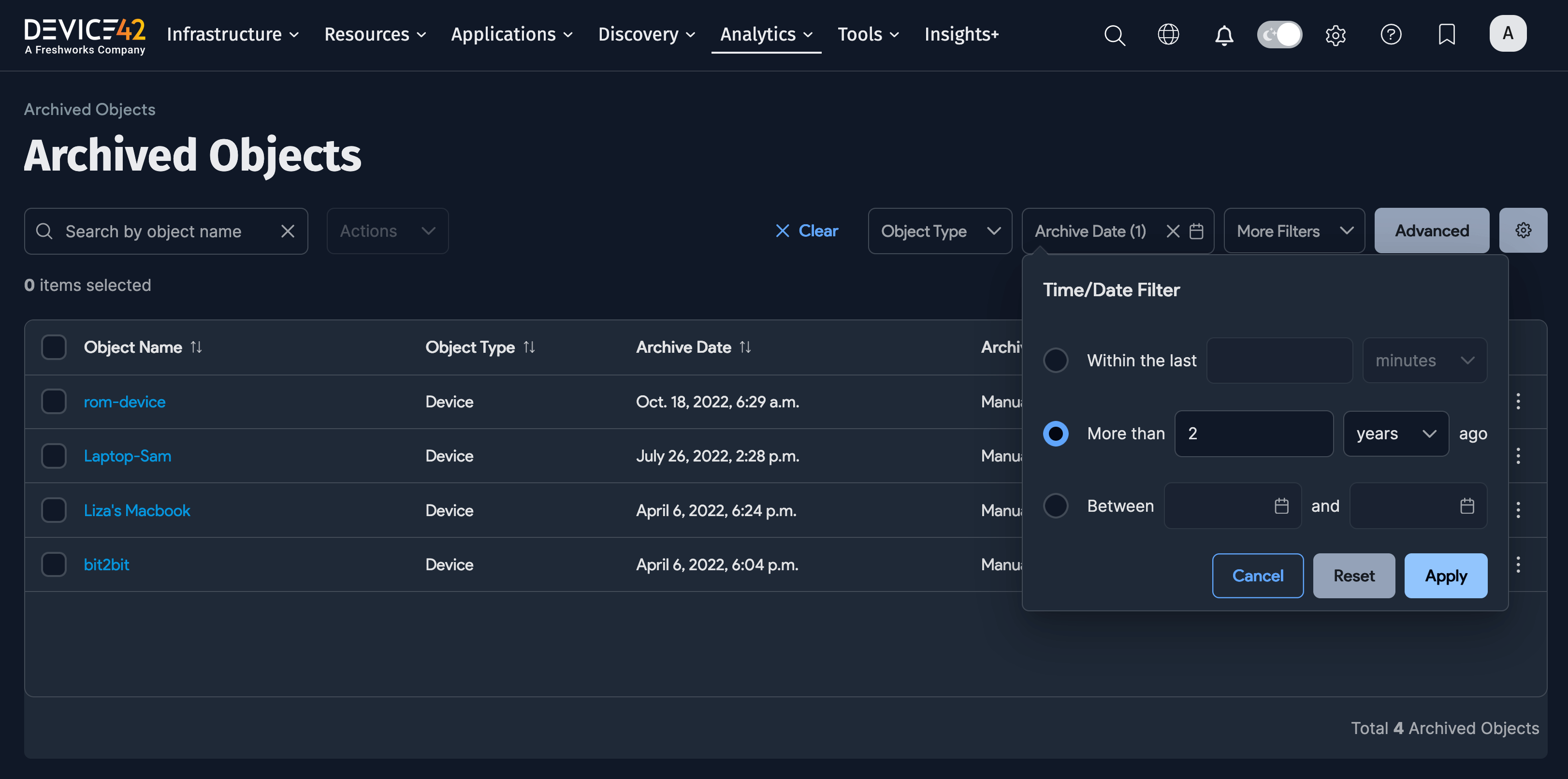 Archive filter options