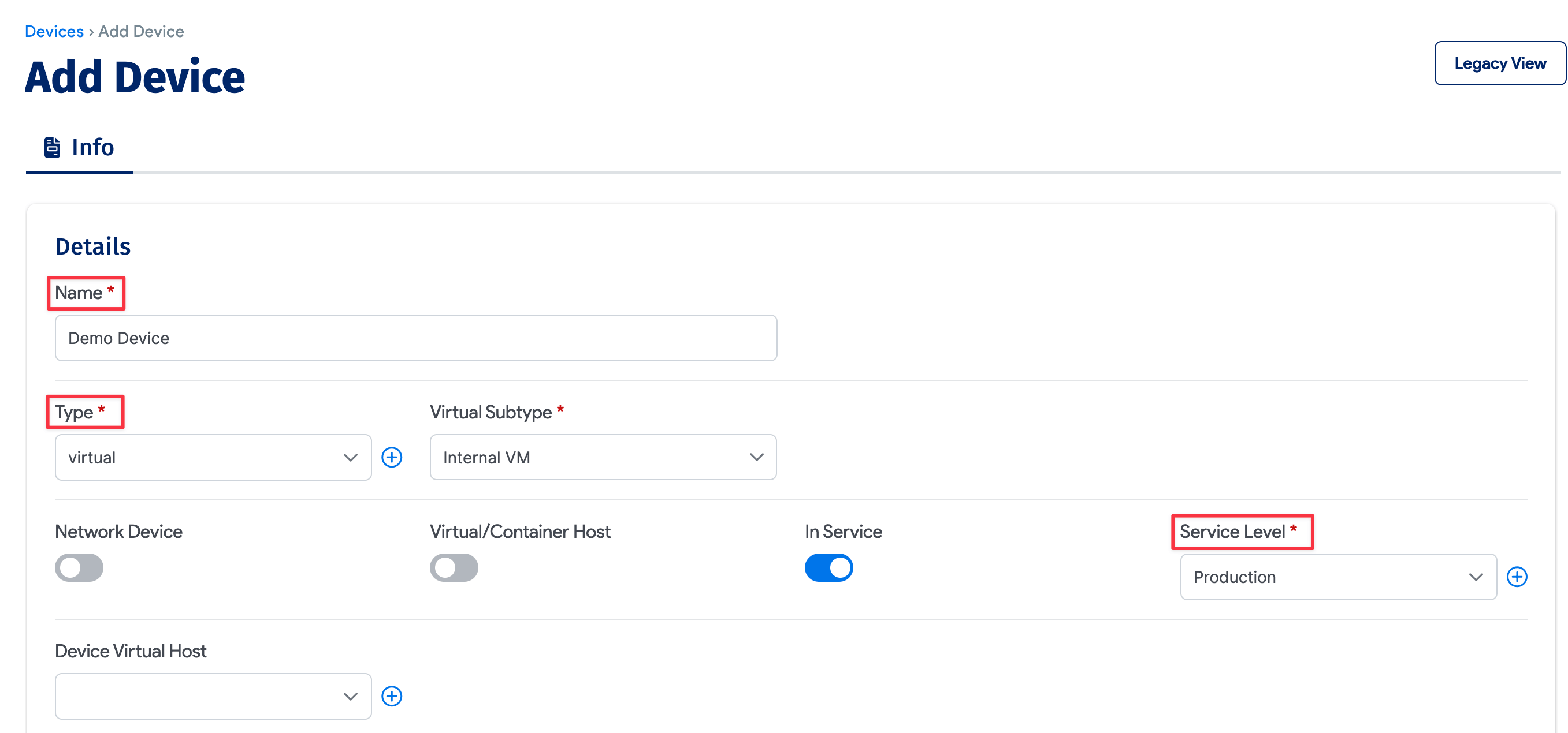 Required fields are bold