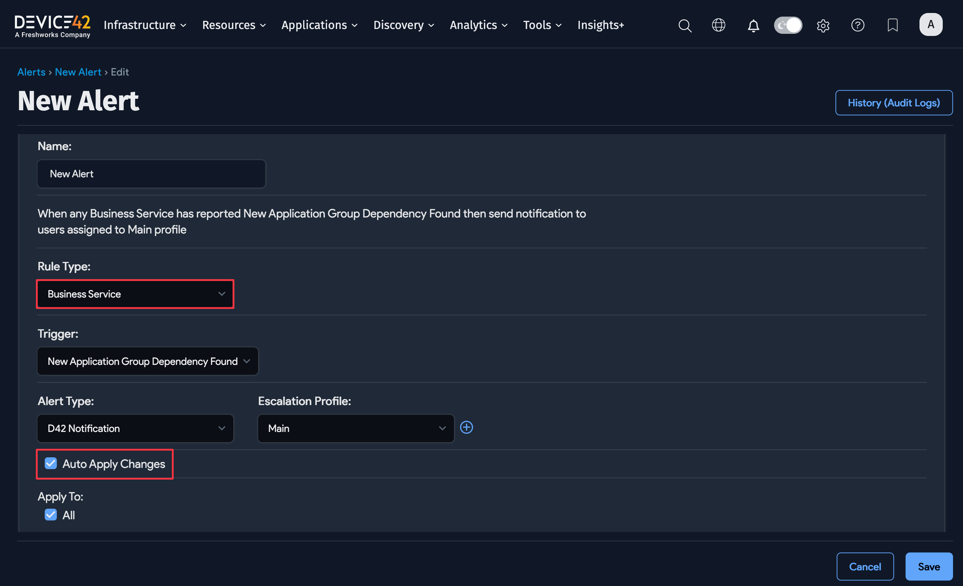 Business Service alert configuration