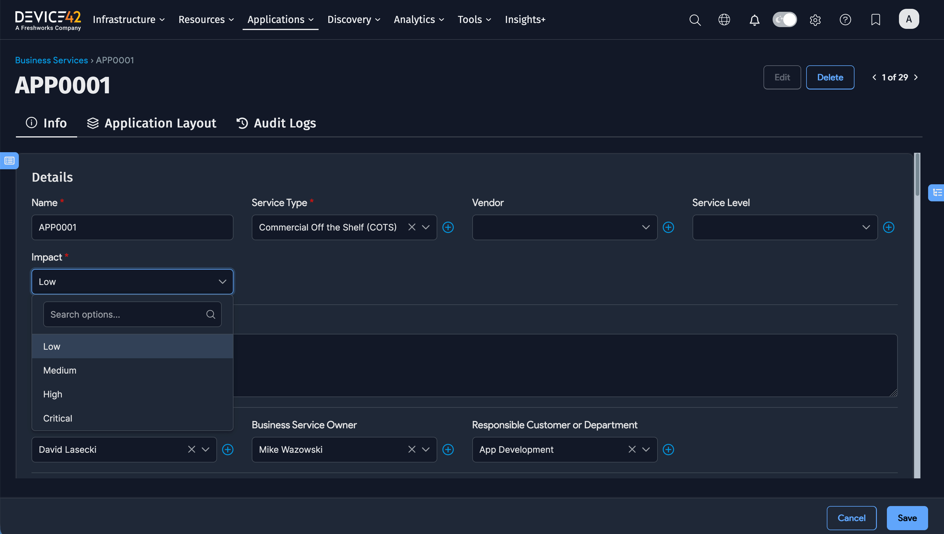 Business Service Impact dropdown