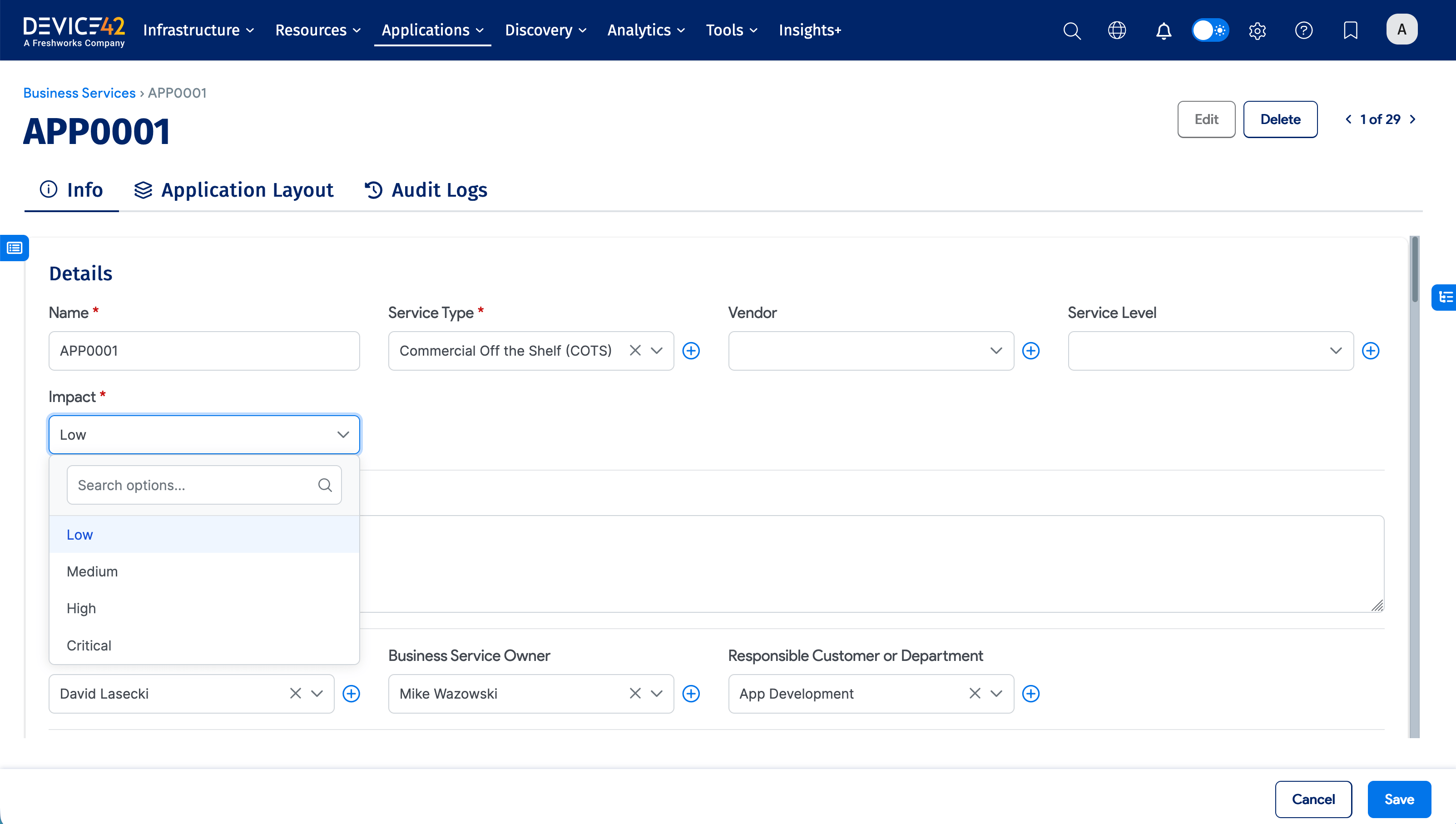 Business Service Impact dropdown