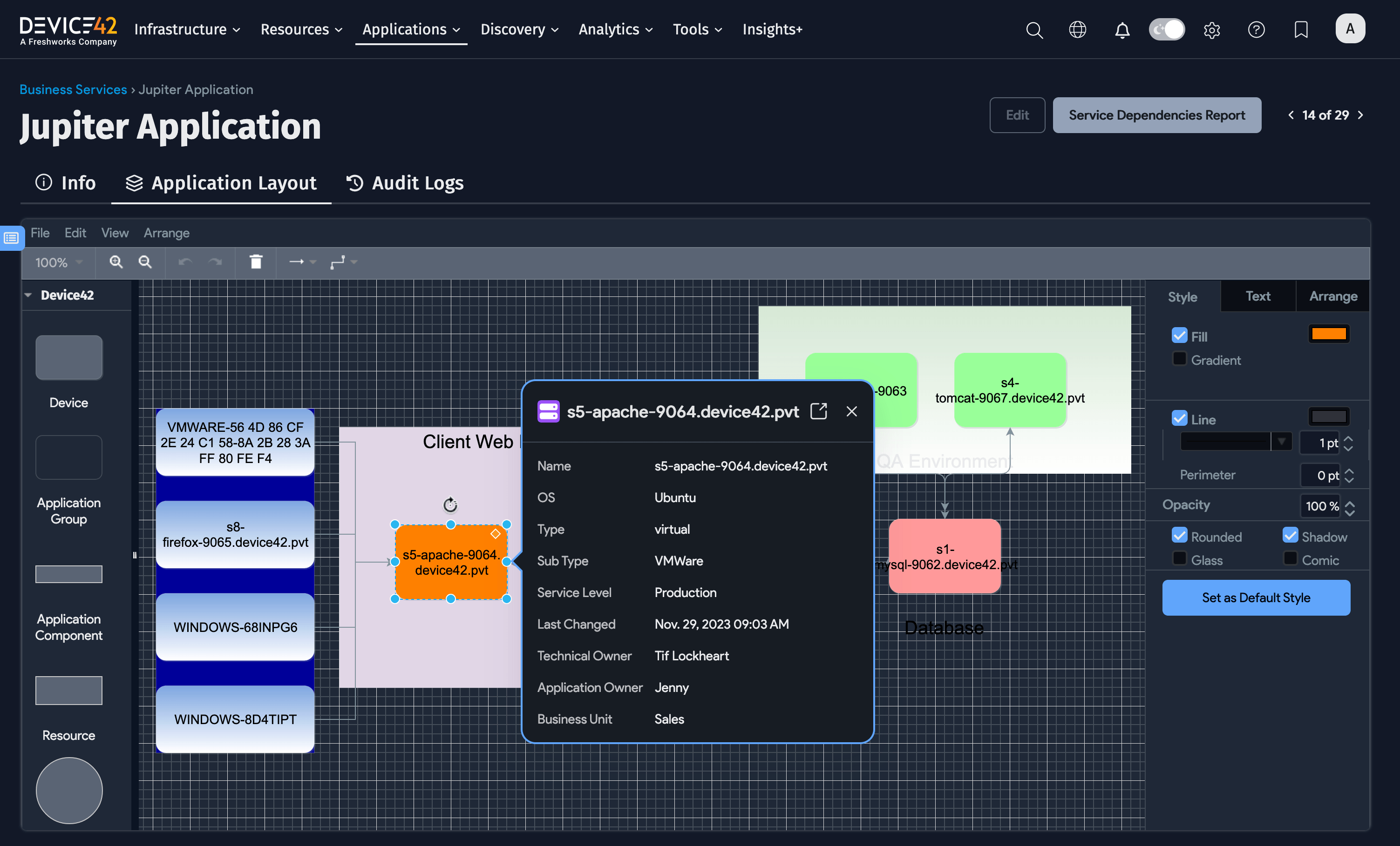 Business Service canvas object details