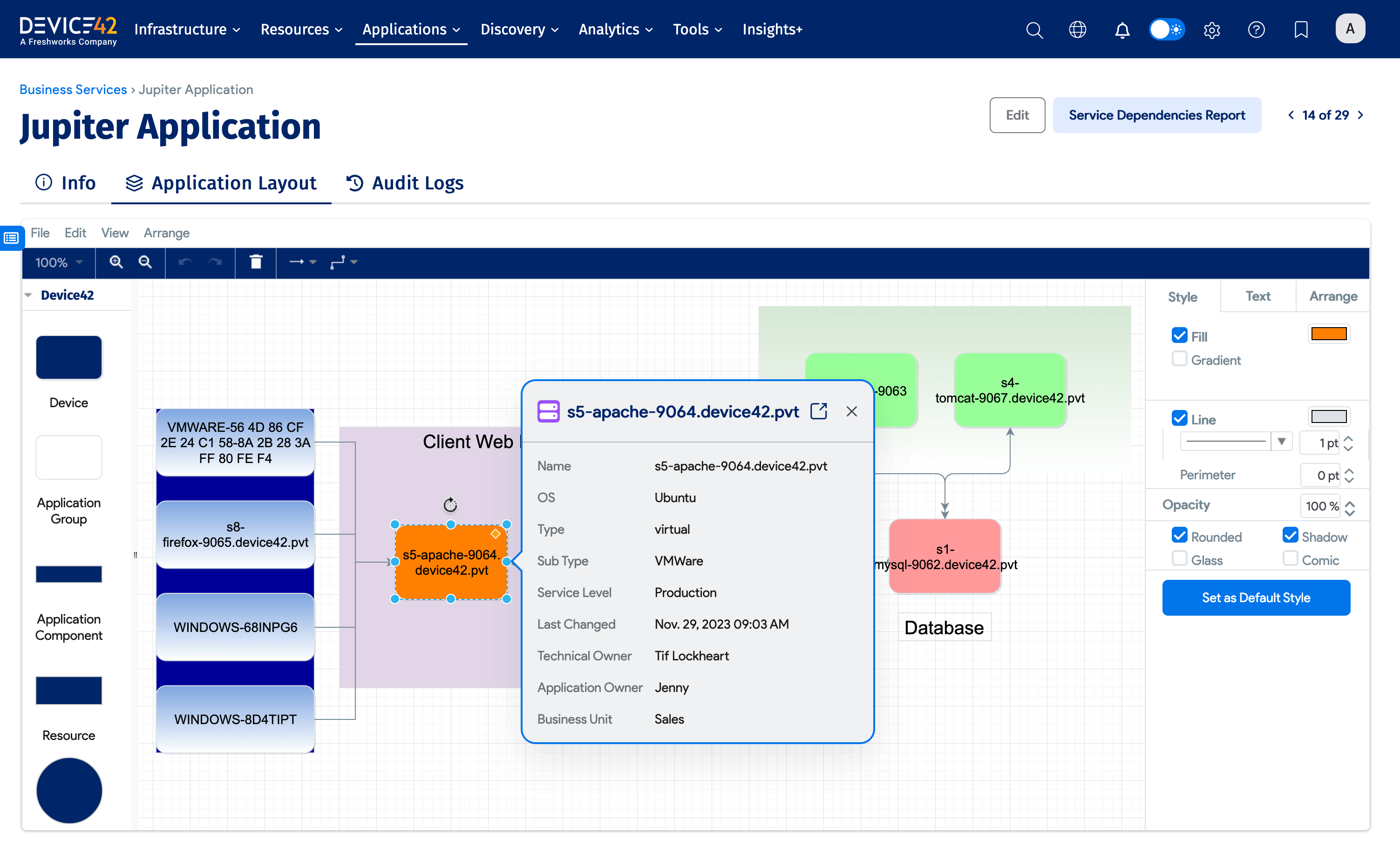Business Service canvas object details