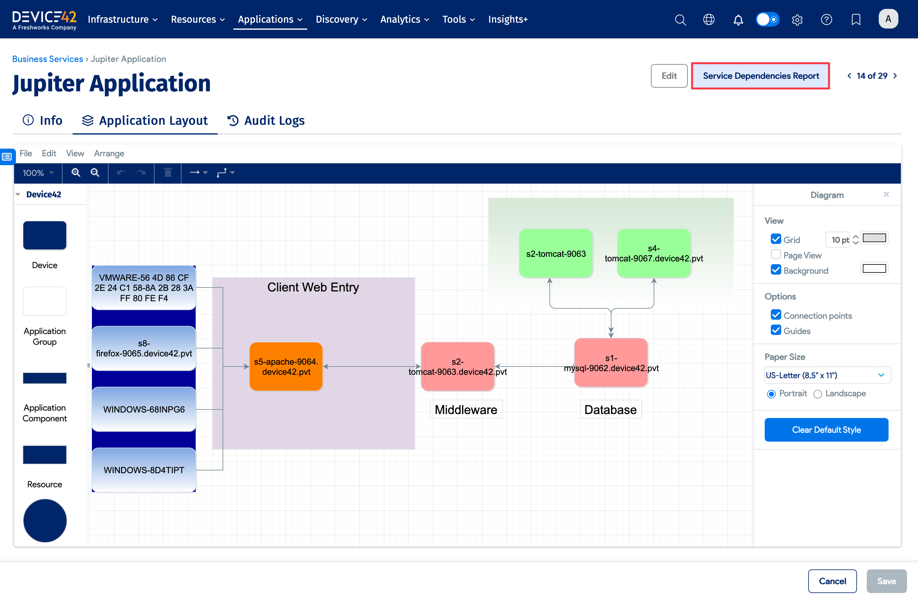 Business Service canvas with report button