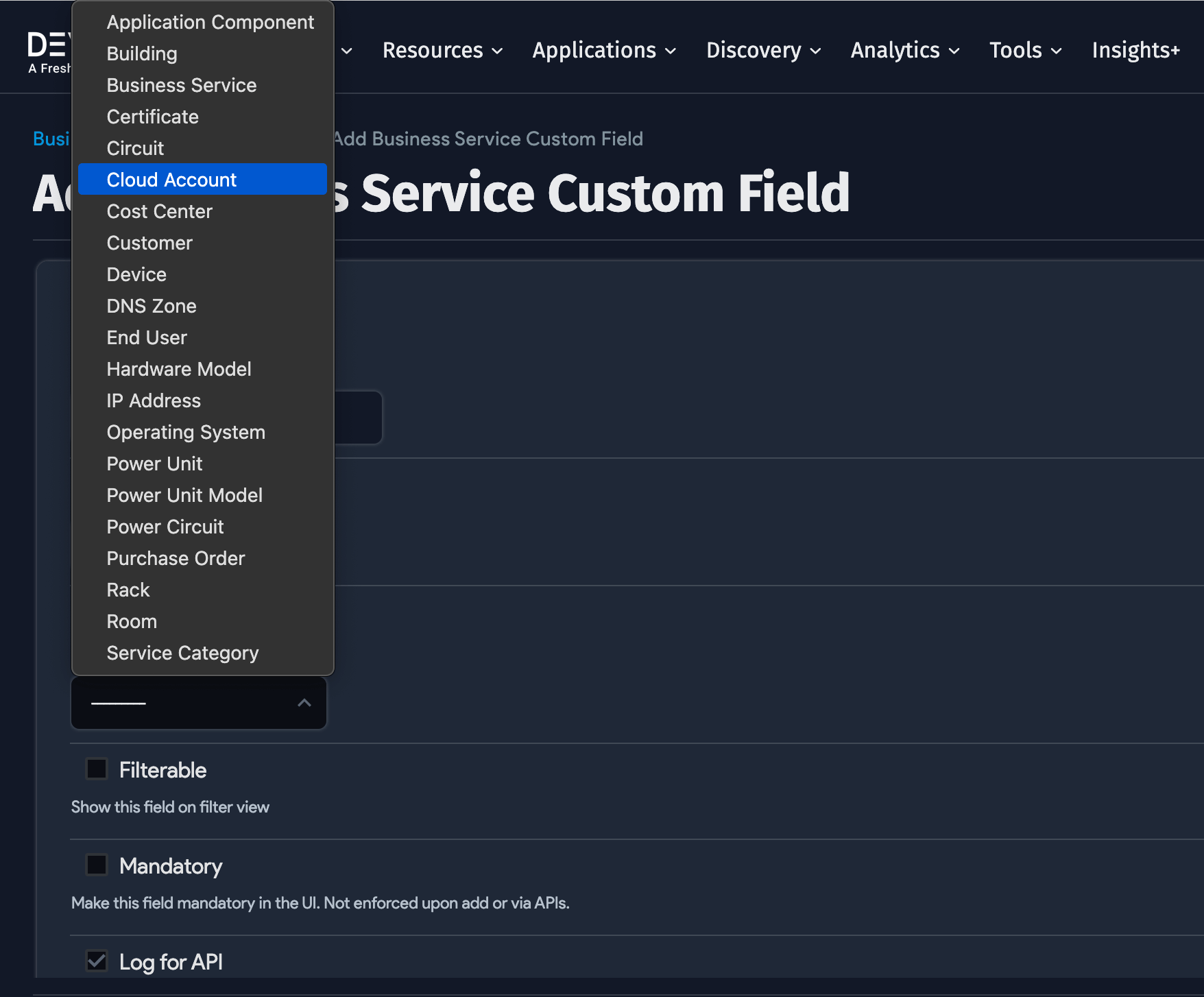 Cloud Account option in Add Custom Fields