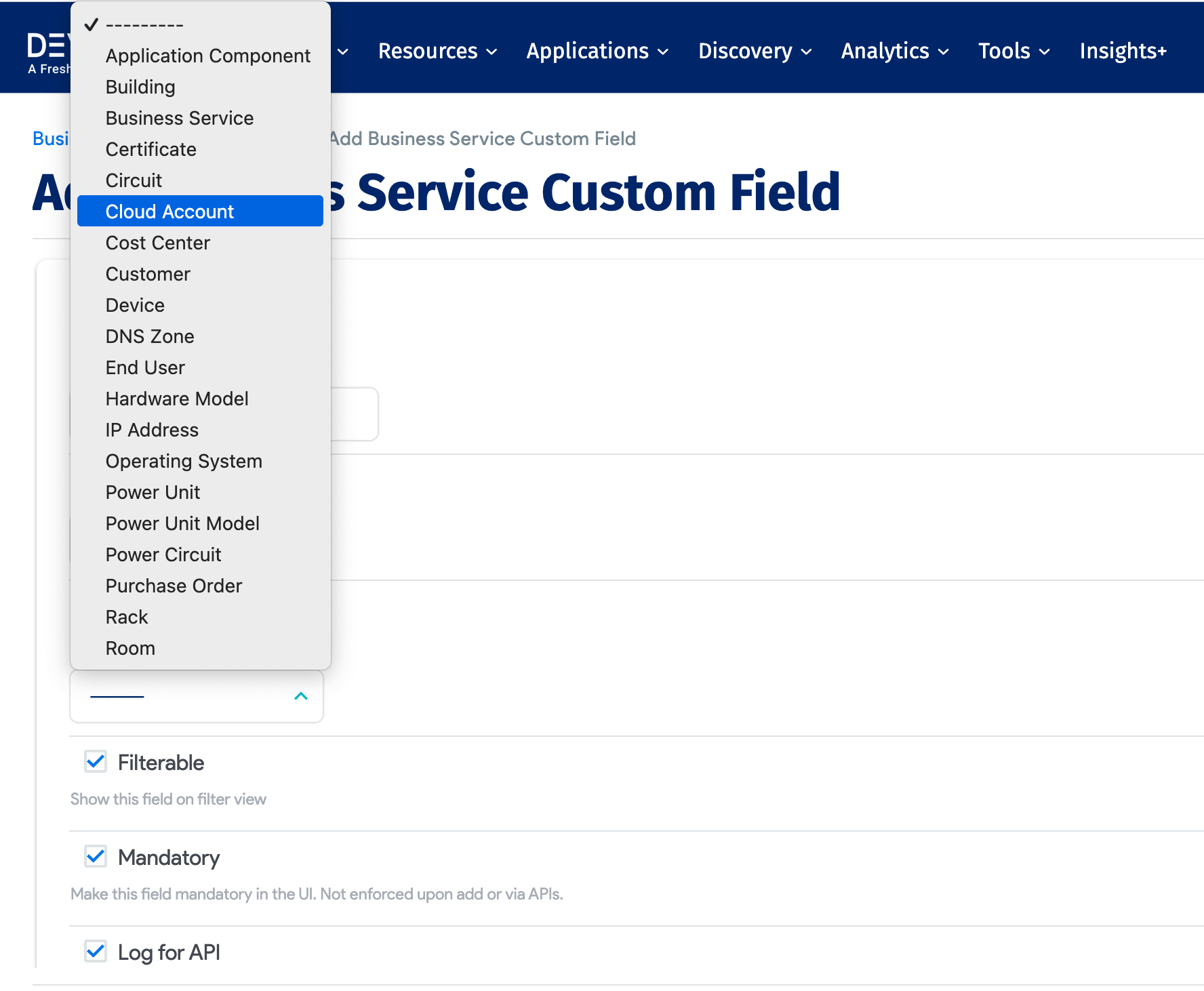 Cloud Account option in Add Custom Fields