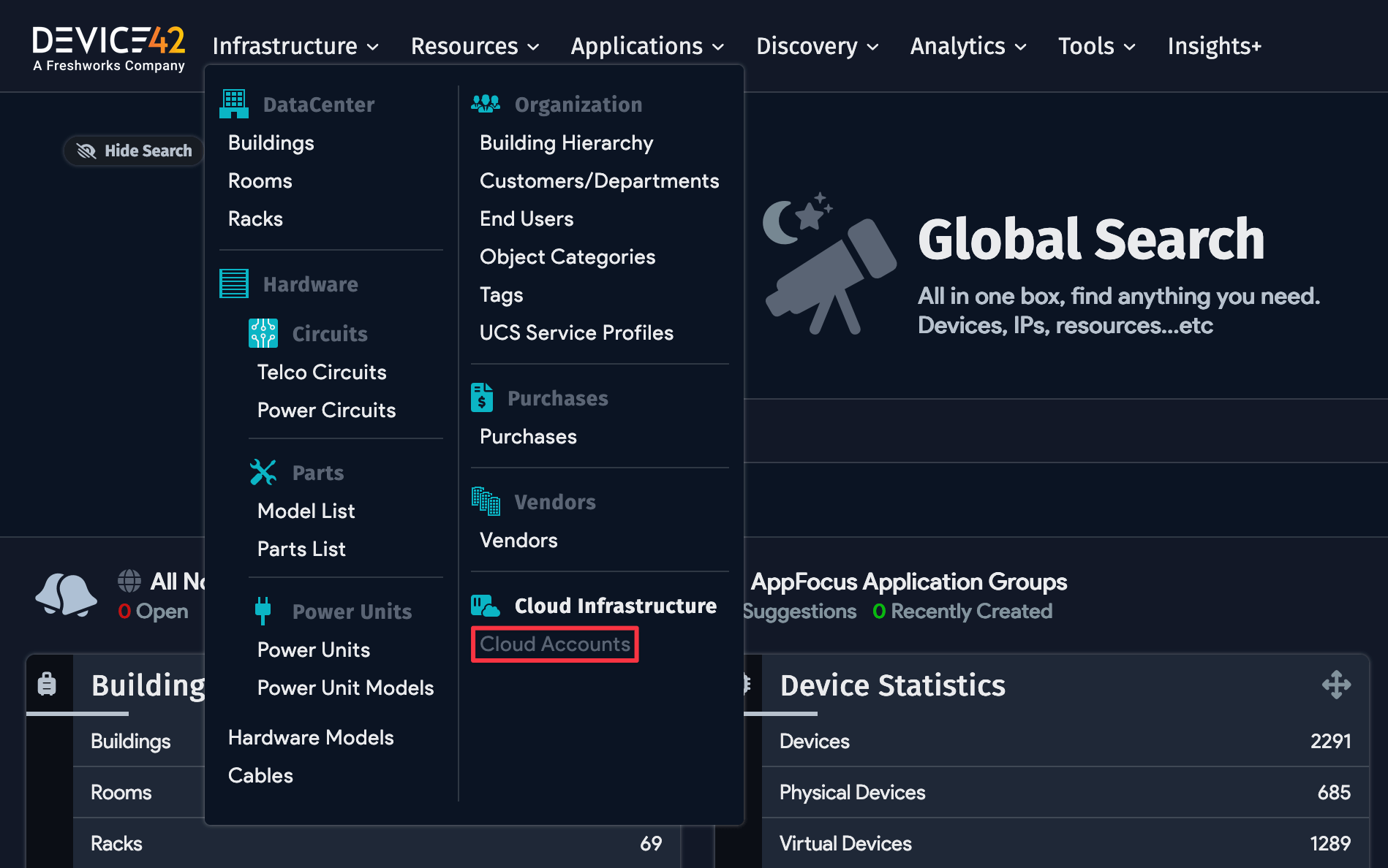 Cloud Resources in menu