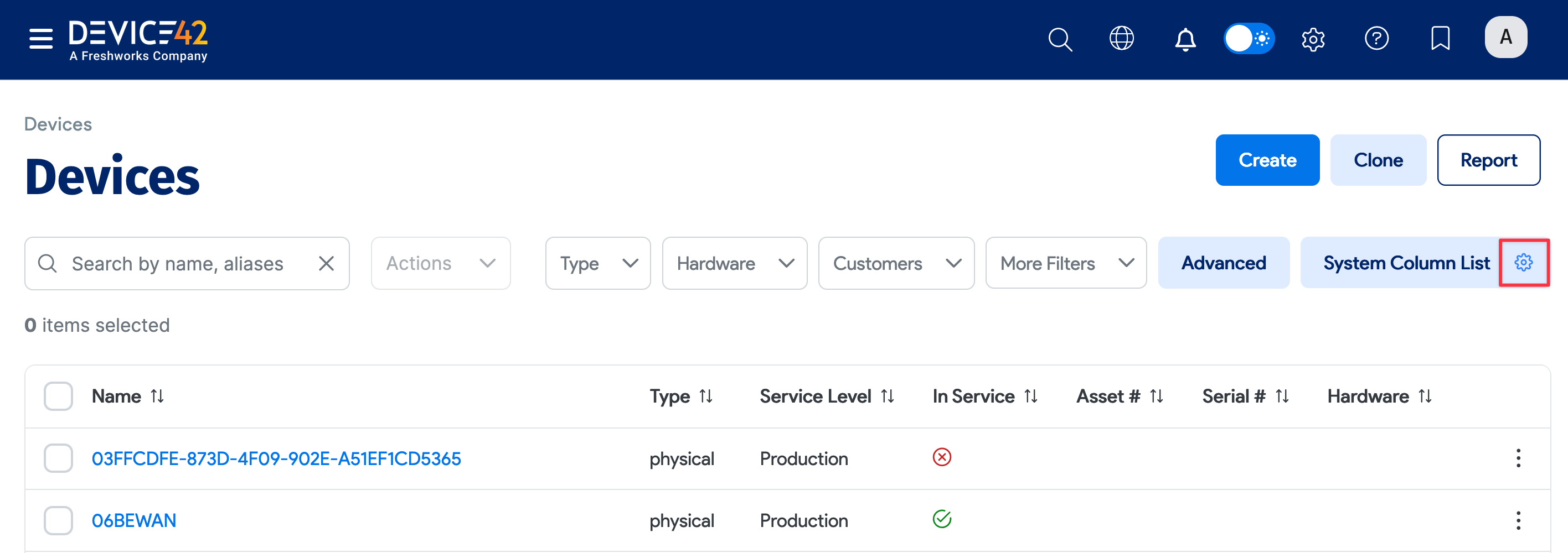 Gear icon on Devices list page