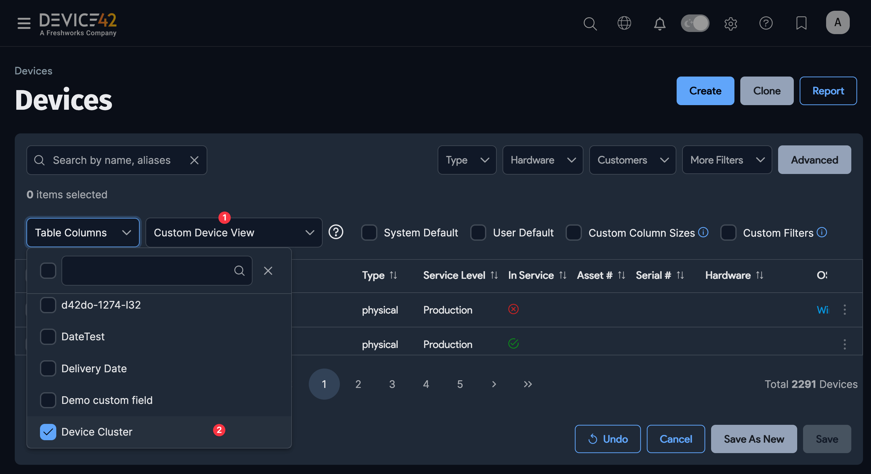 Table Columns dropdown