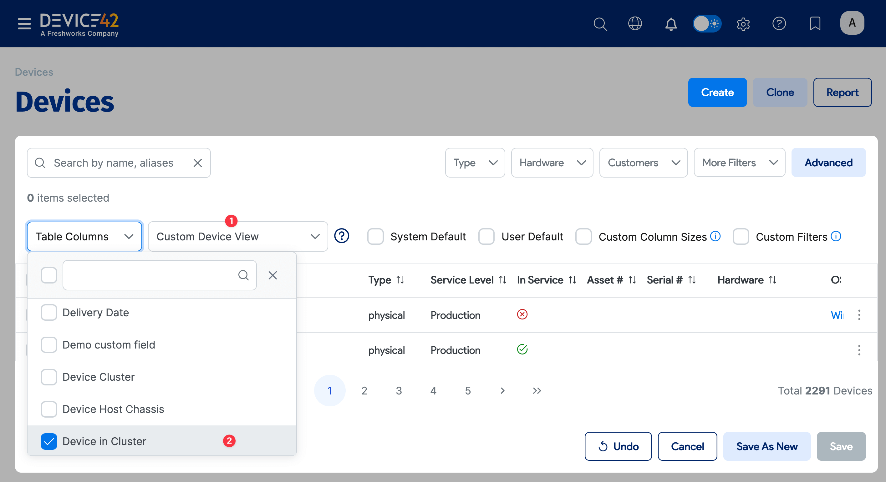 Table Columns dropdown