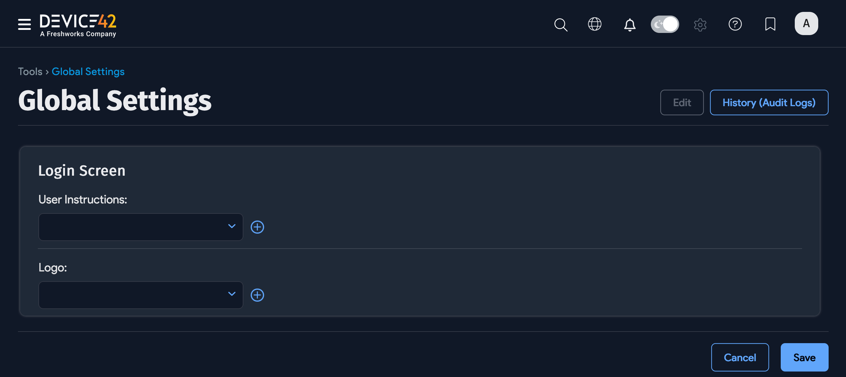 Global Settings – Login screen section