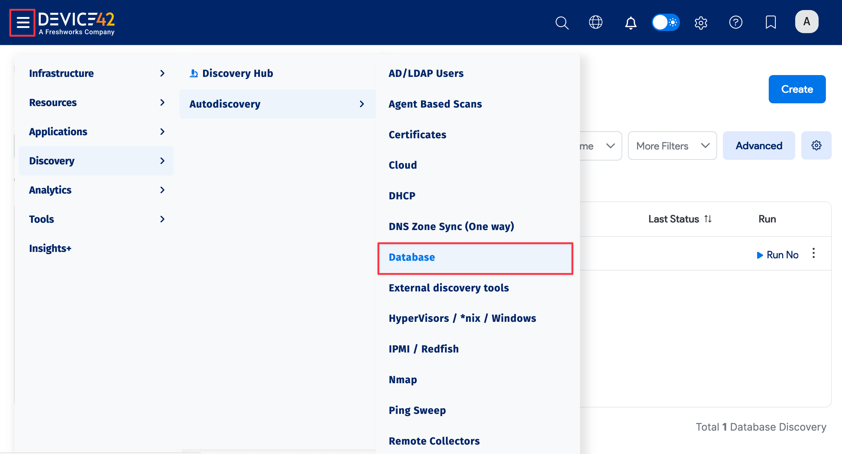Database Discoveries menu