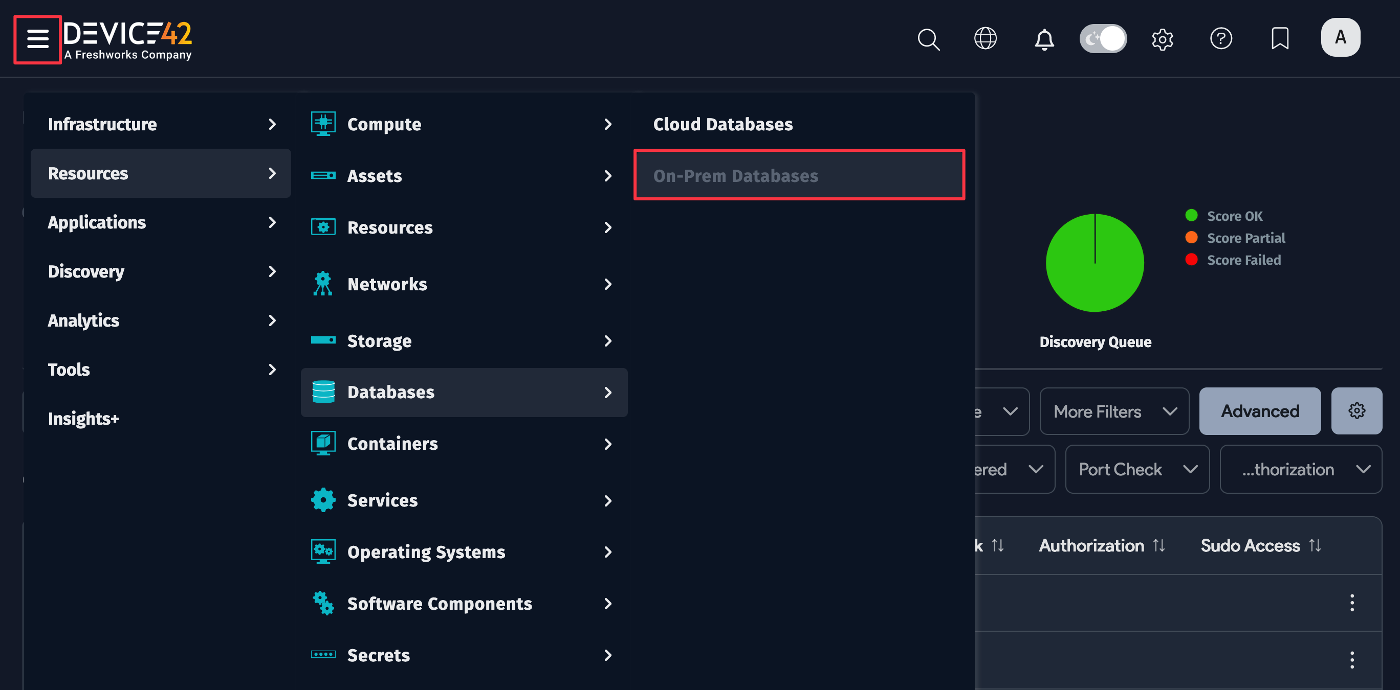 On-Prem Databases menu location