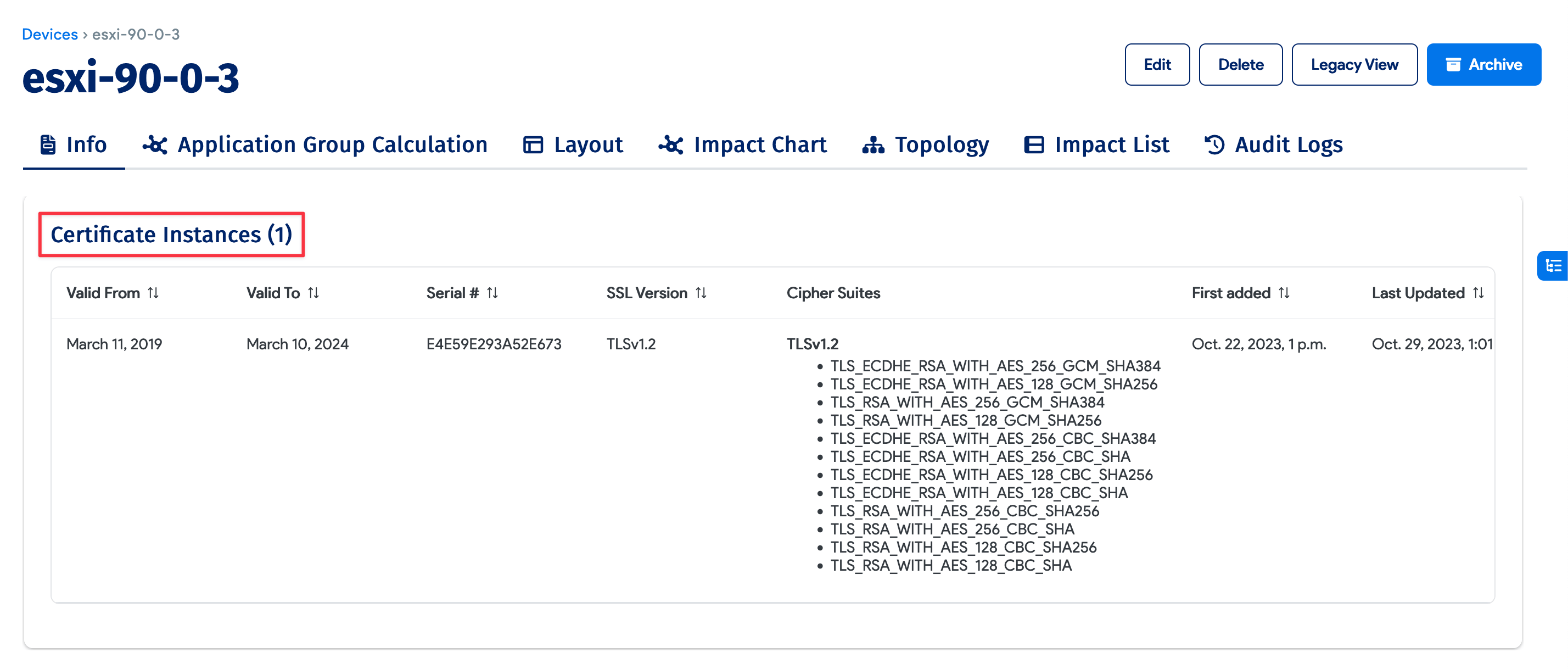 Certificate instances in the device details view