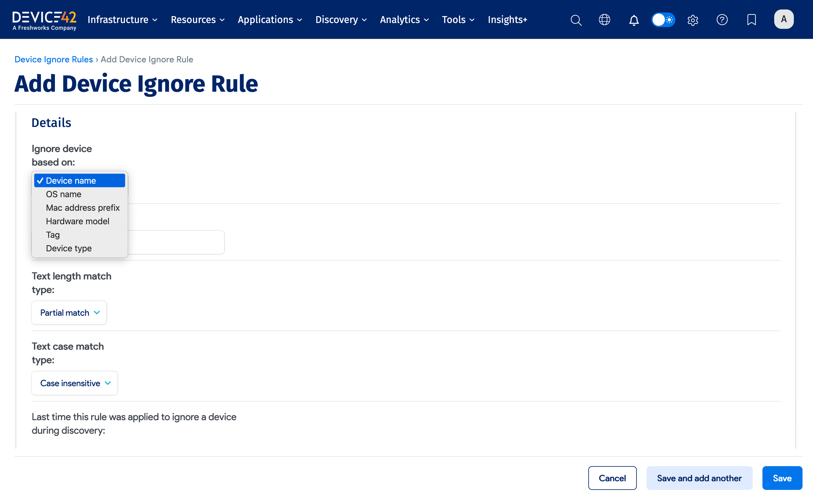 Device Ignore Rule options