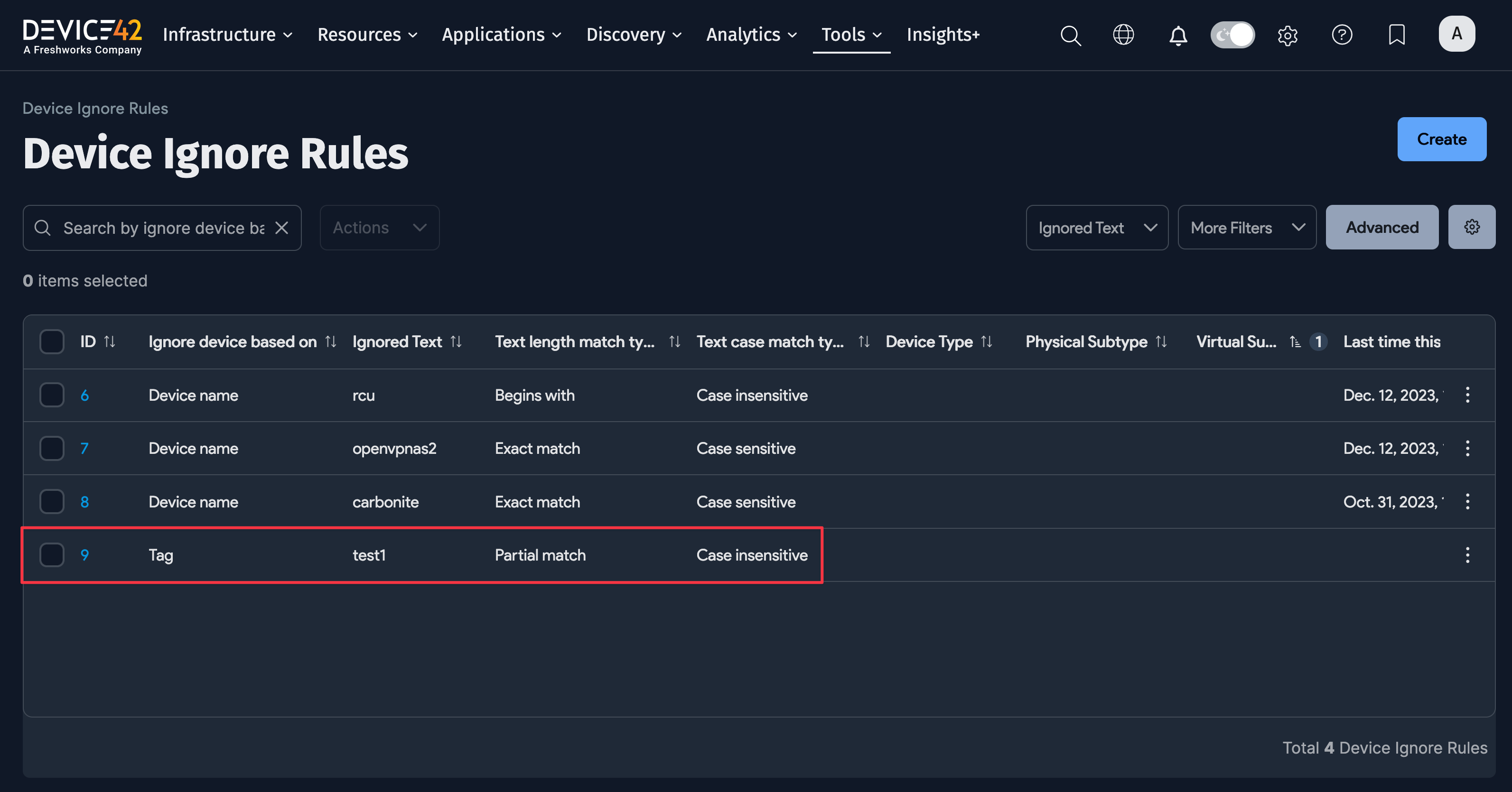 Ignore Rules list page