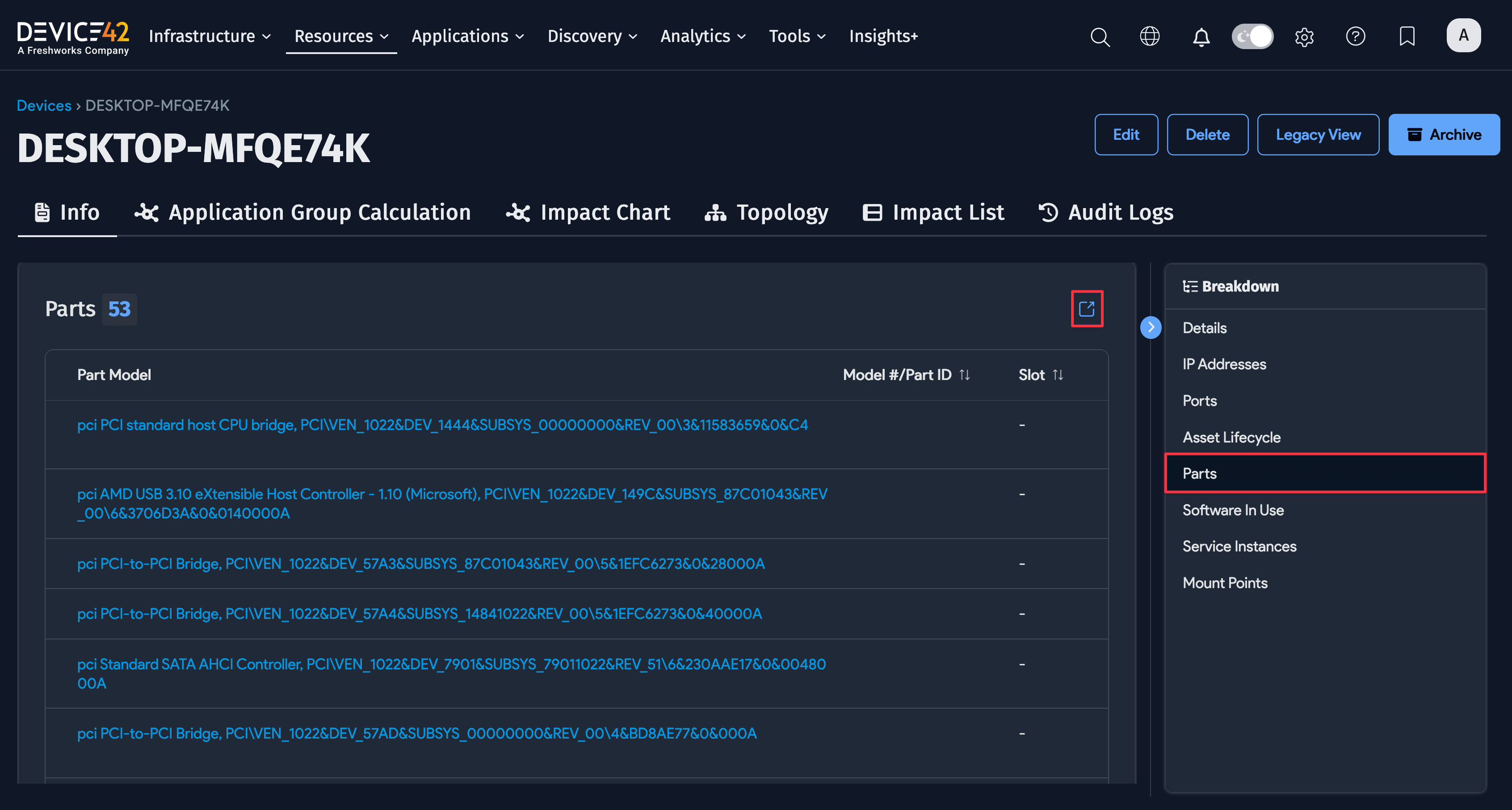 Device Parts section