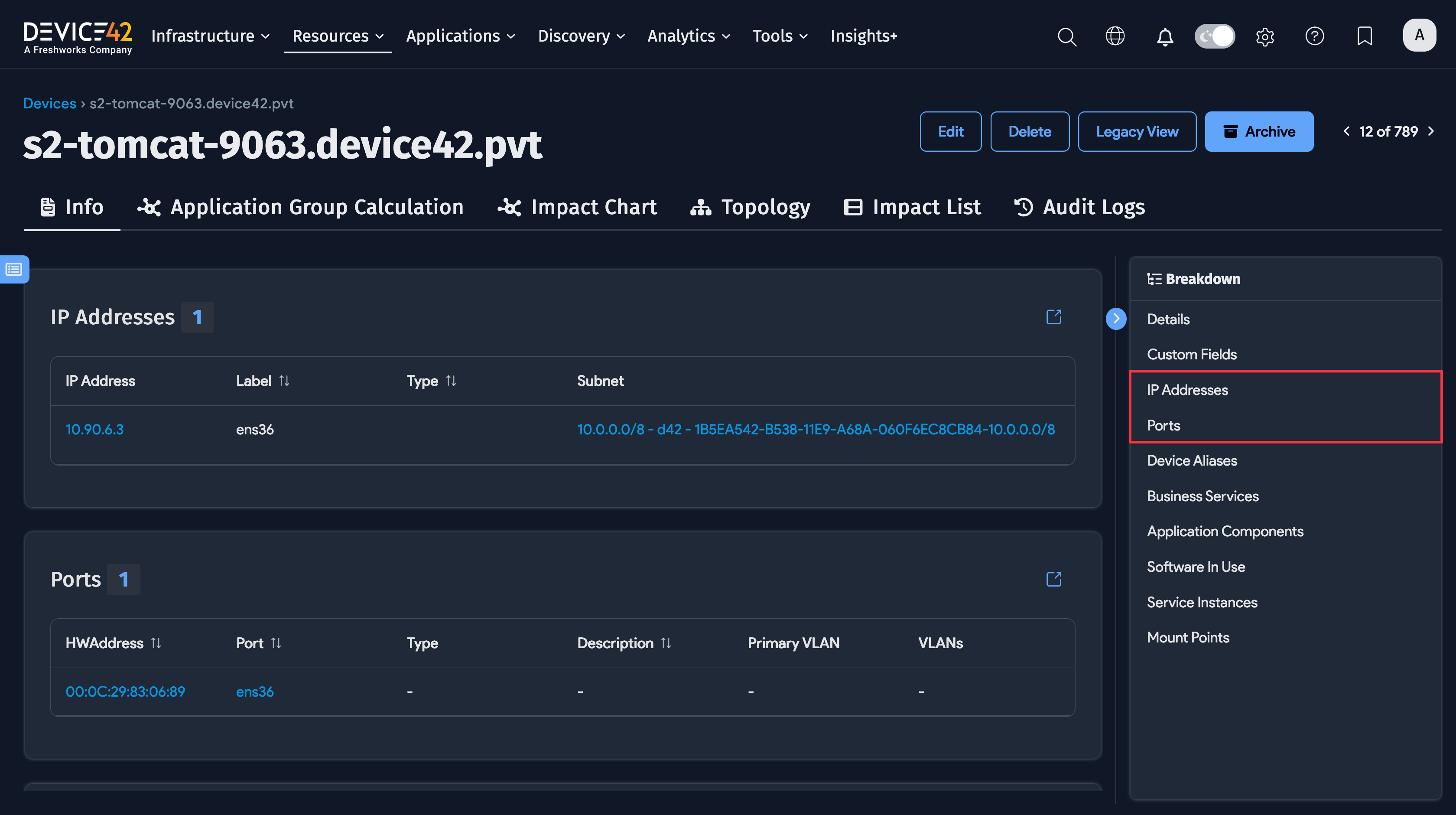Virtual device IP and port details