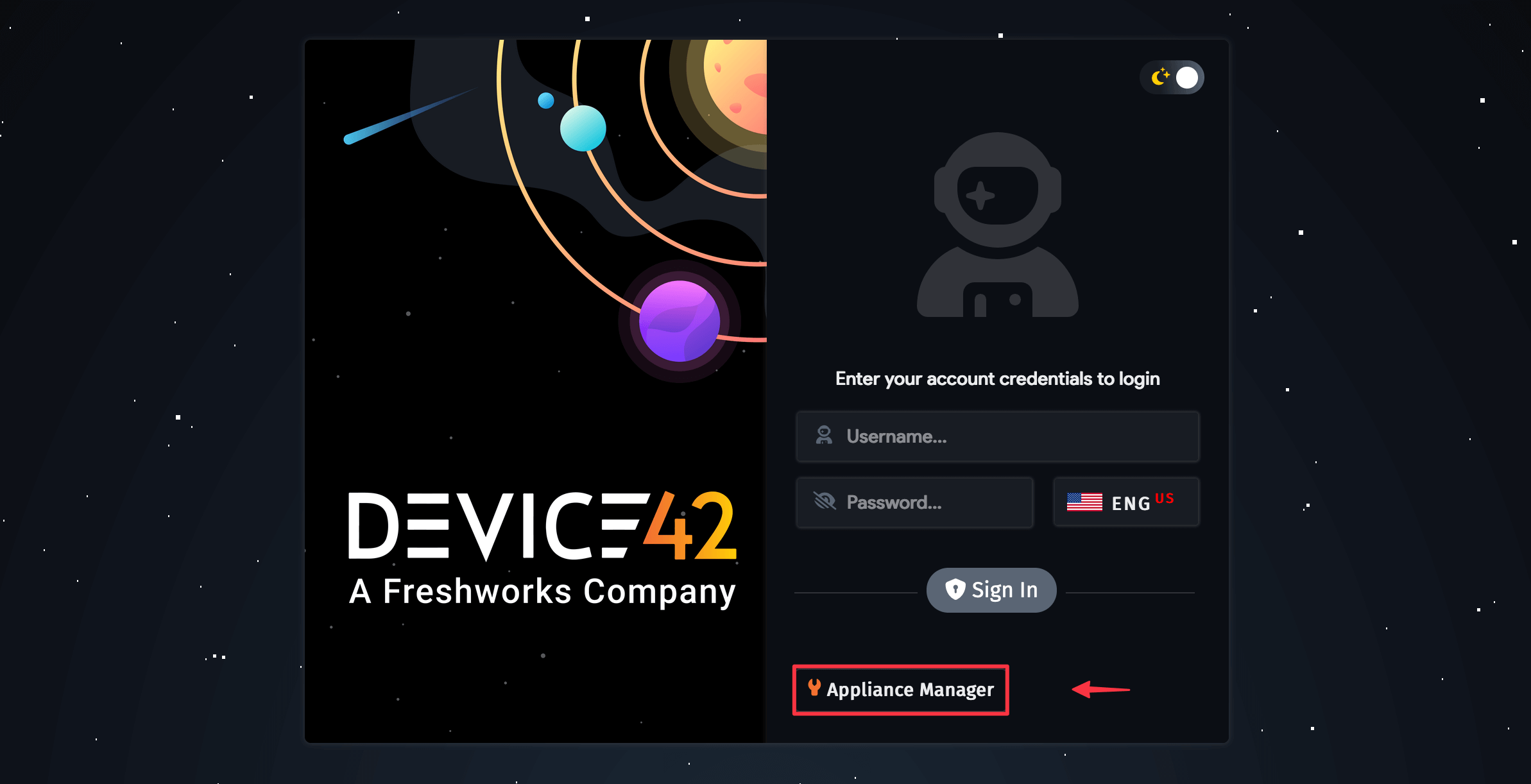 Main Appliance login screen with Appliance Manager link