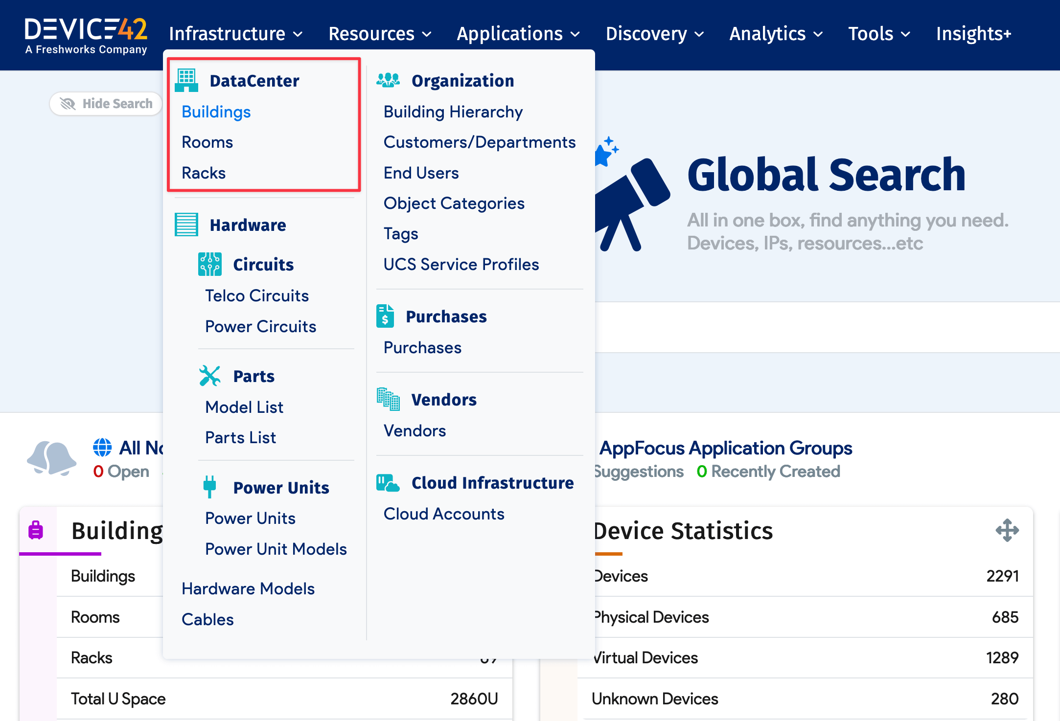 Device42 Infrastructure menu
