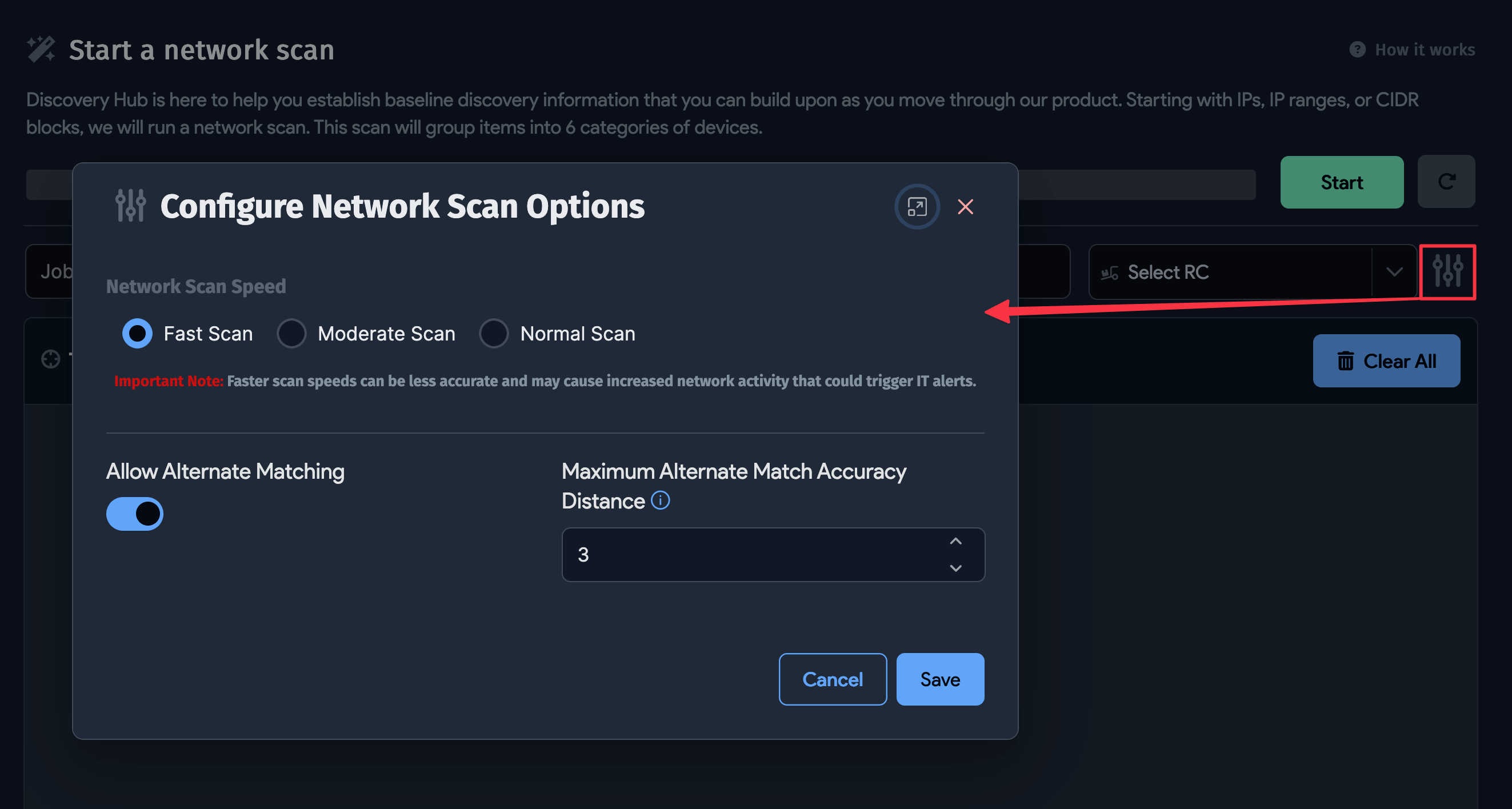 Configure Network Scan Options window
