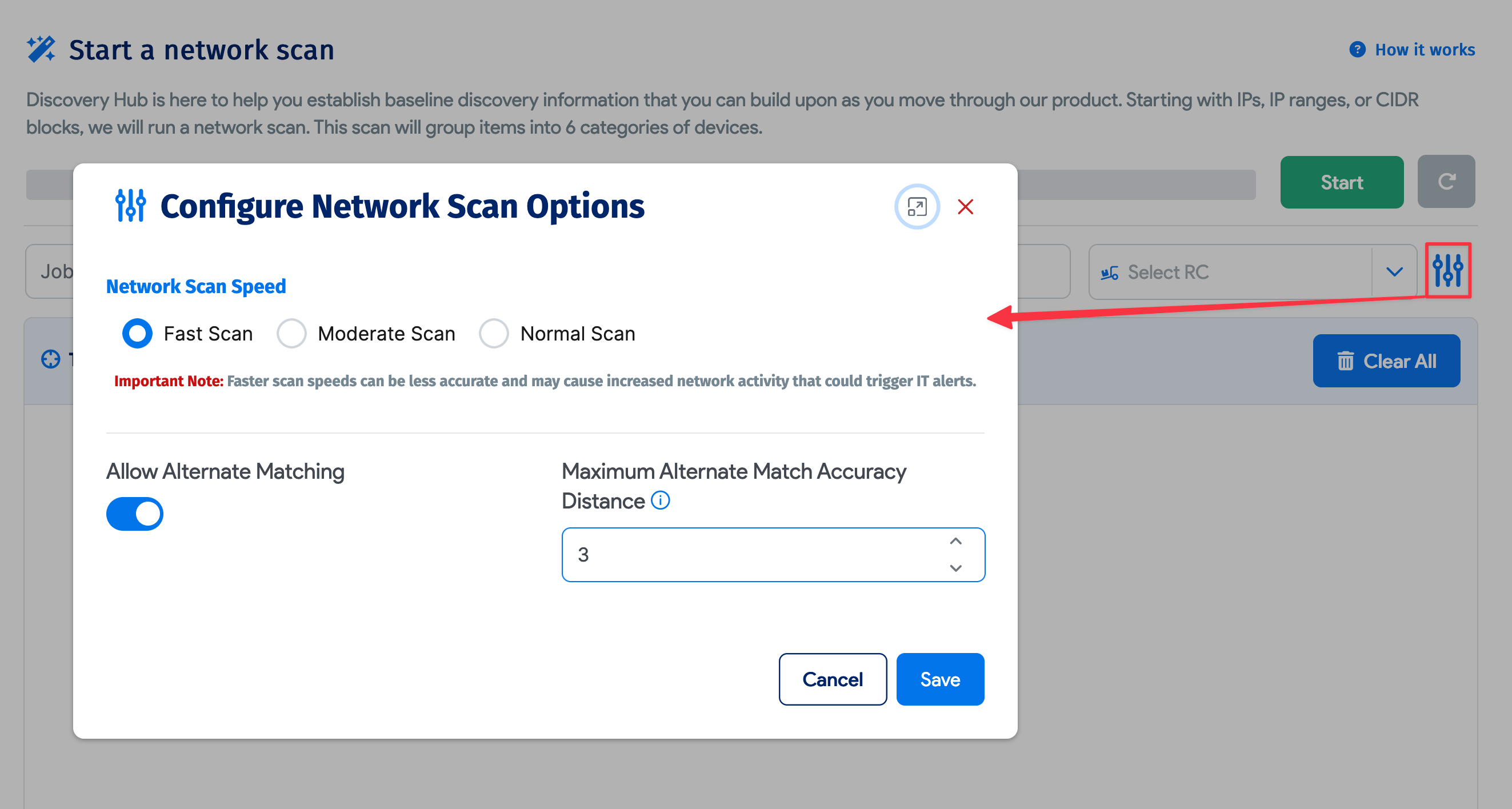 Configure Network Scan Options window