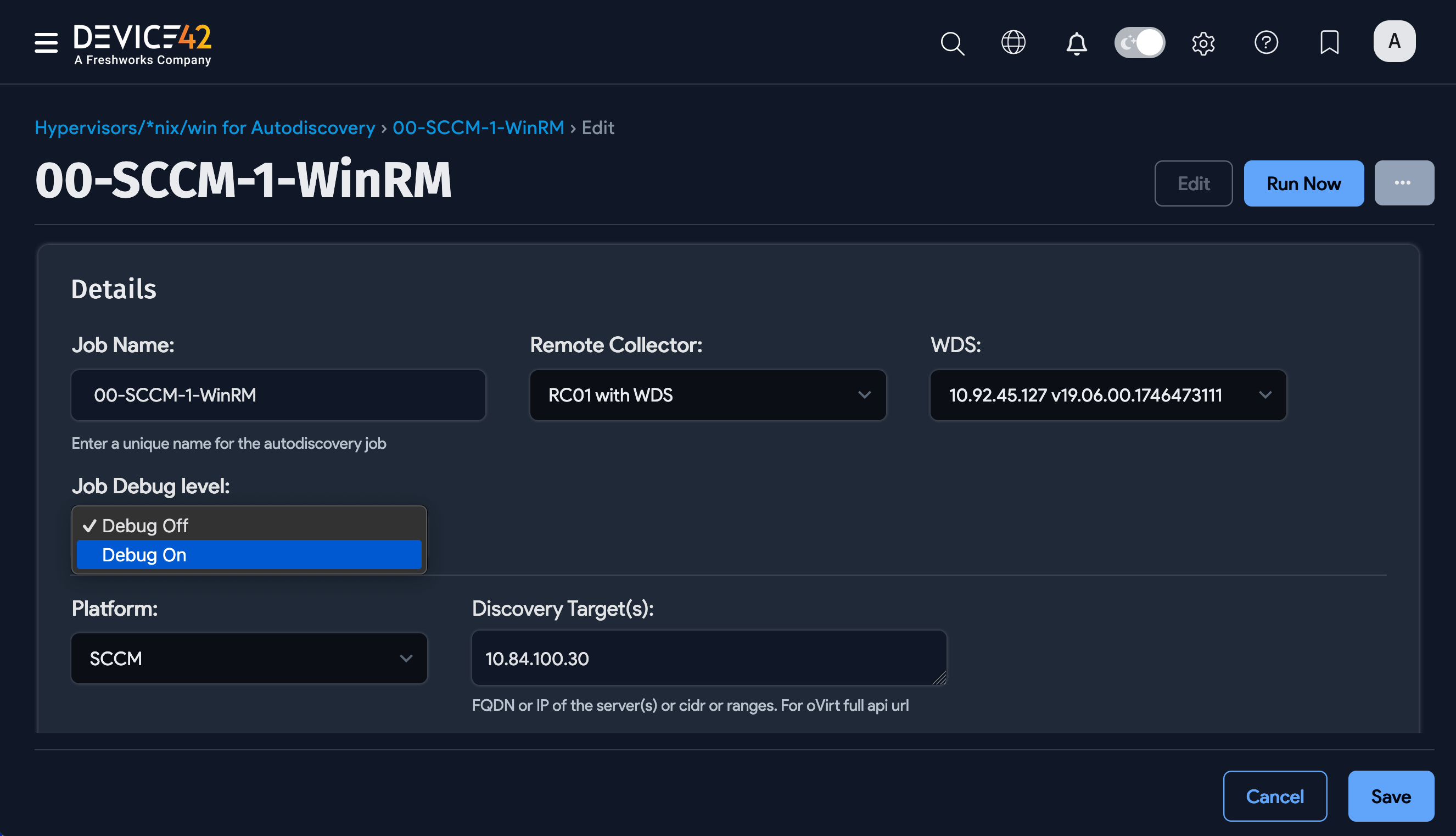Enable debug by editing discovery job settings