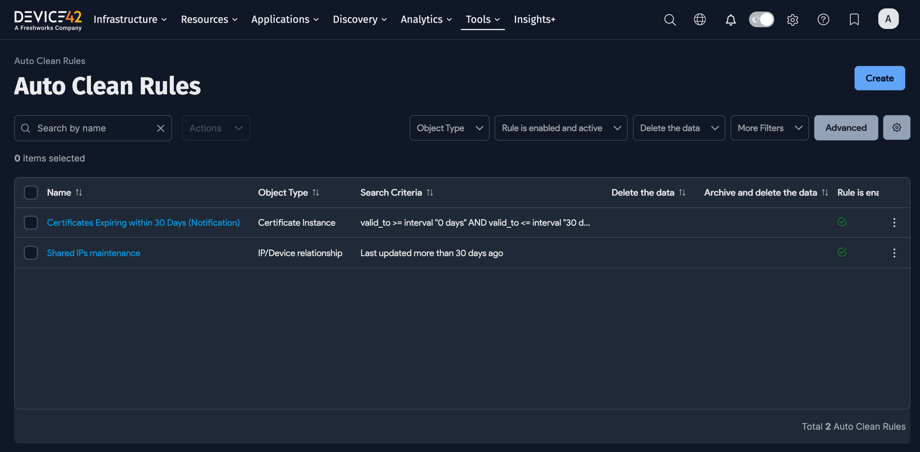 Auto Clean Rules list page