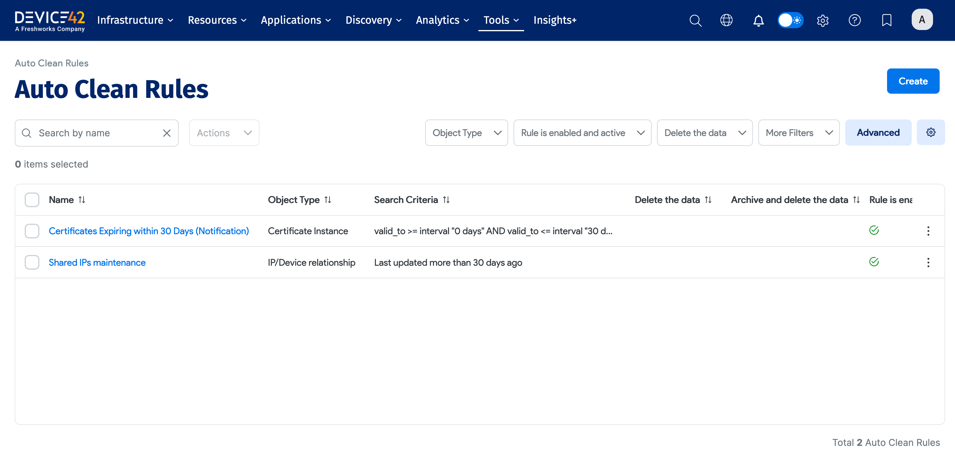 Auto Clean Rules list page