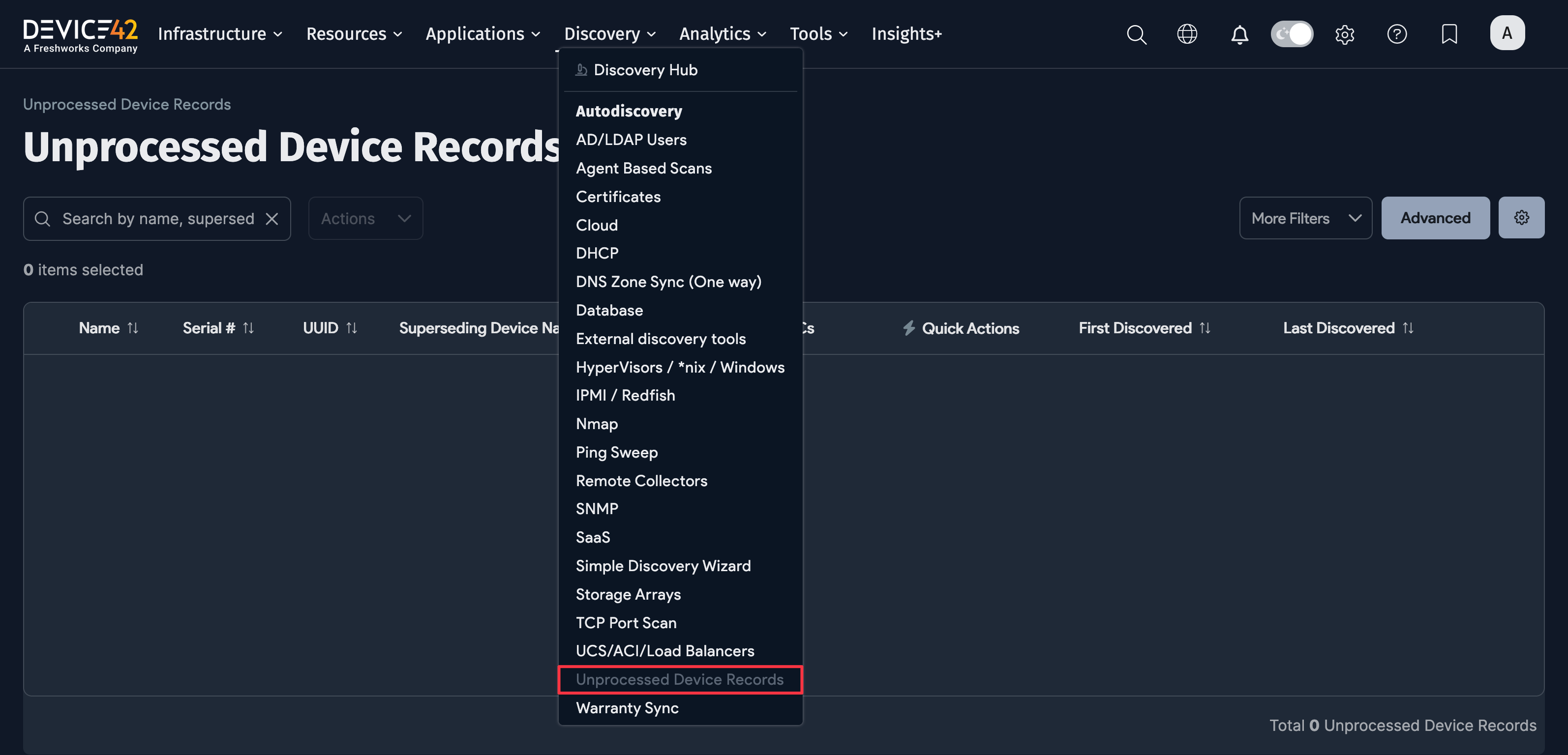 Unprocessed Device Records menu