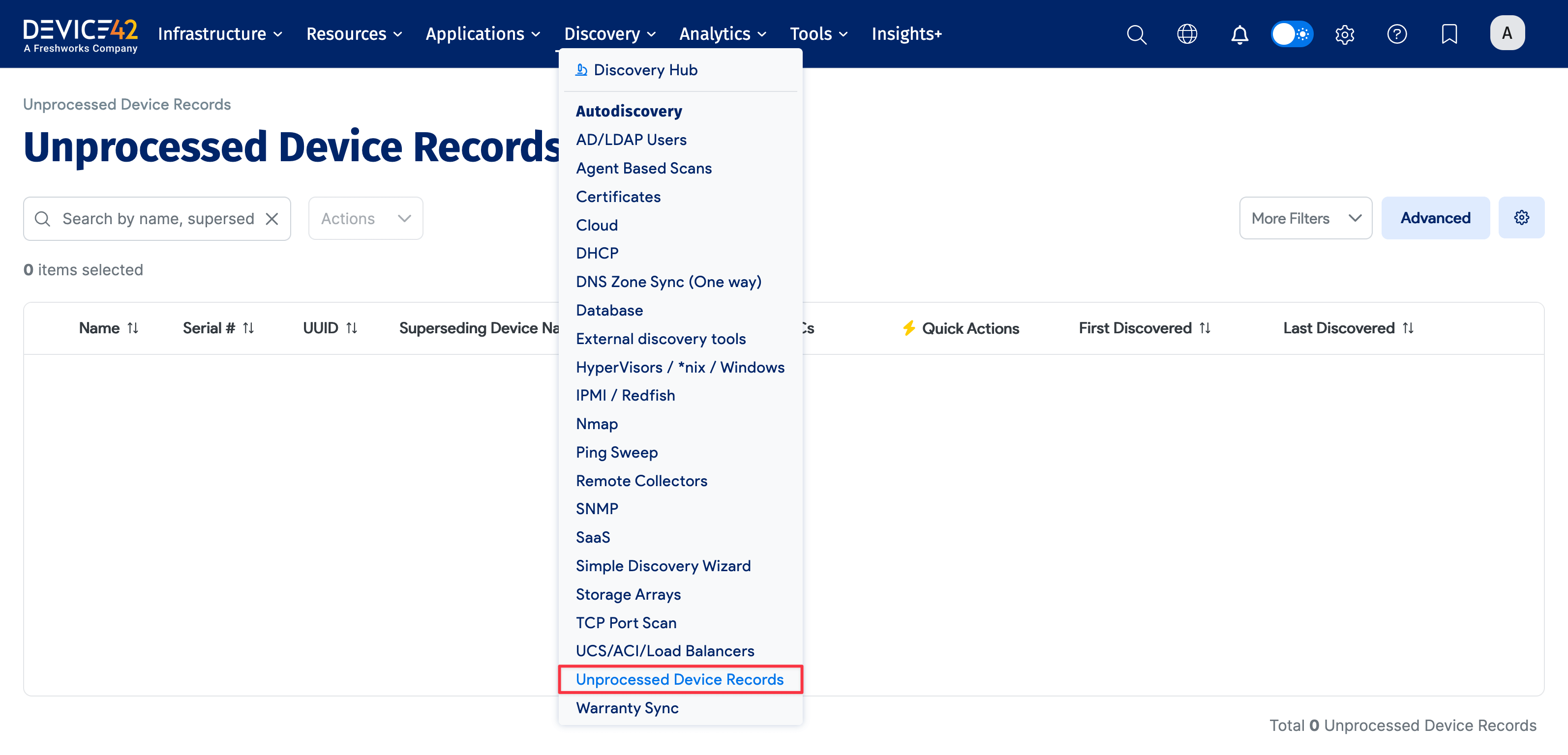 Unprocessed Device Records menu