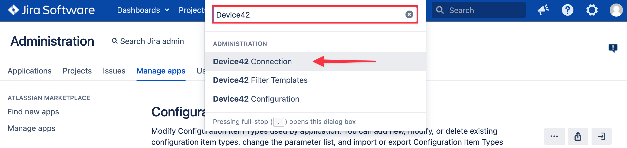 Connection shortcut menu and search bar