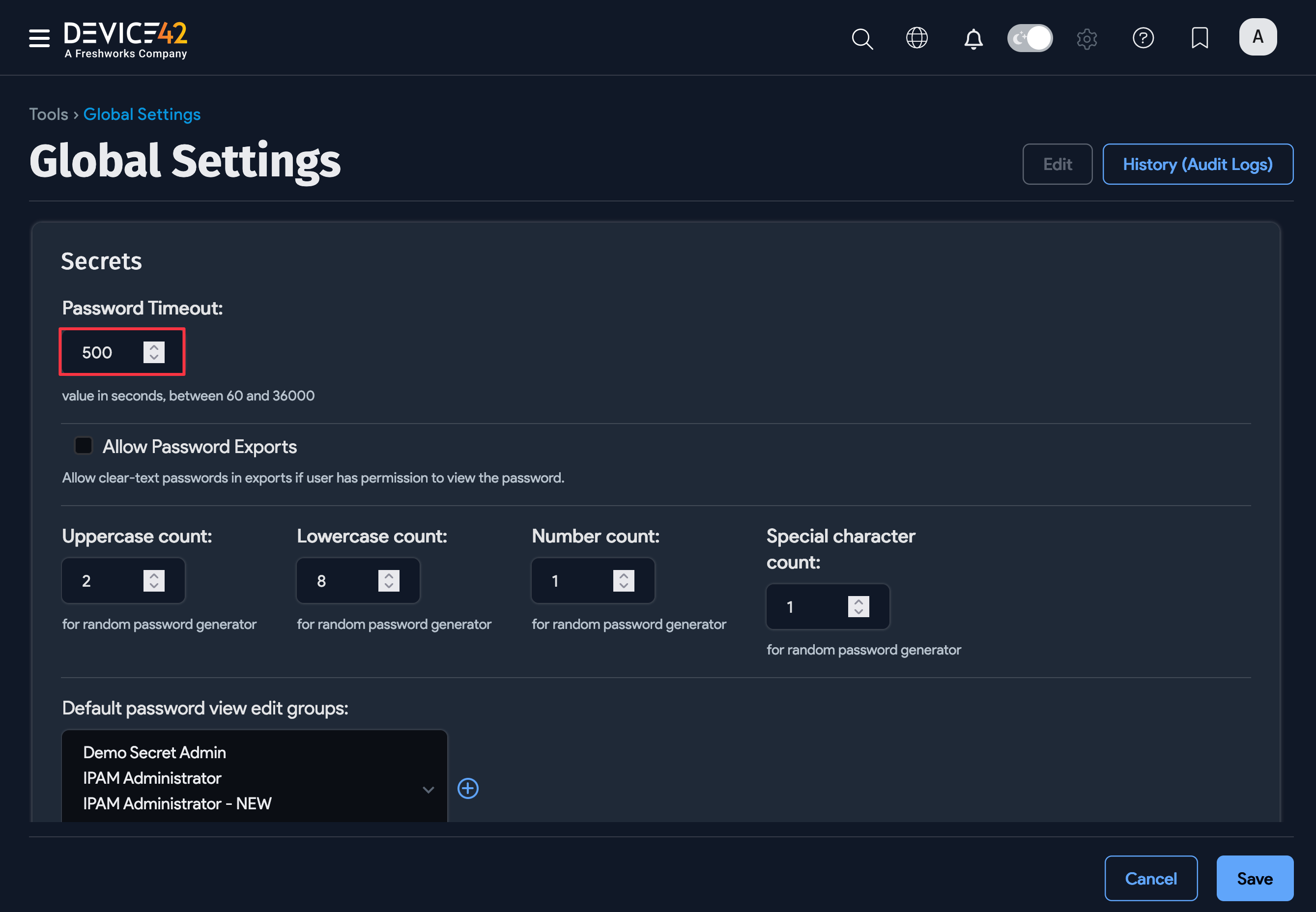 Secrets section of Global Settings